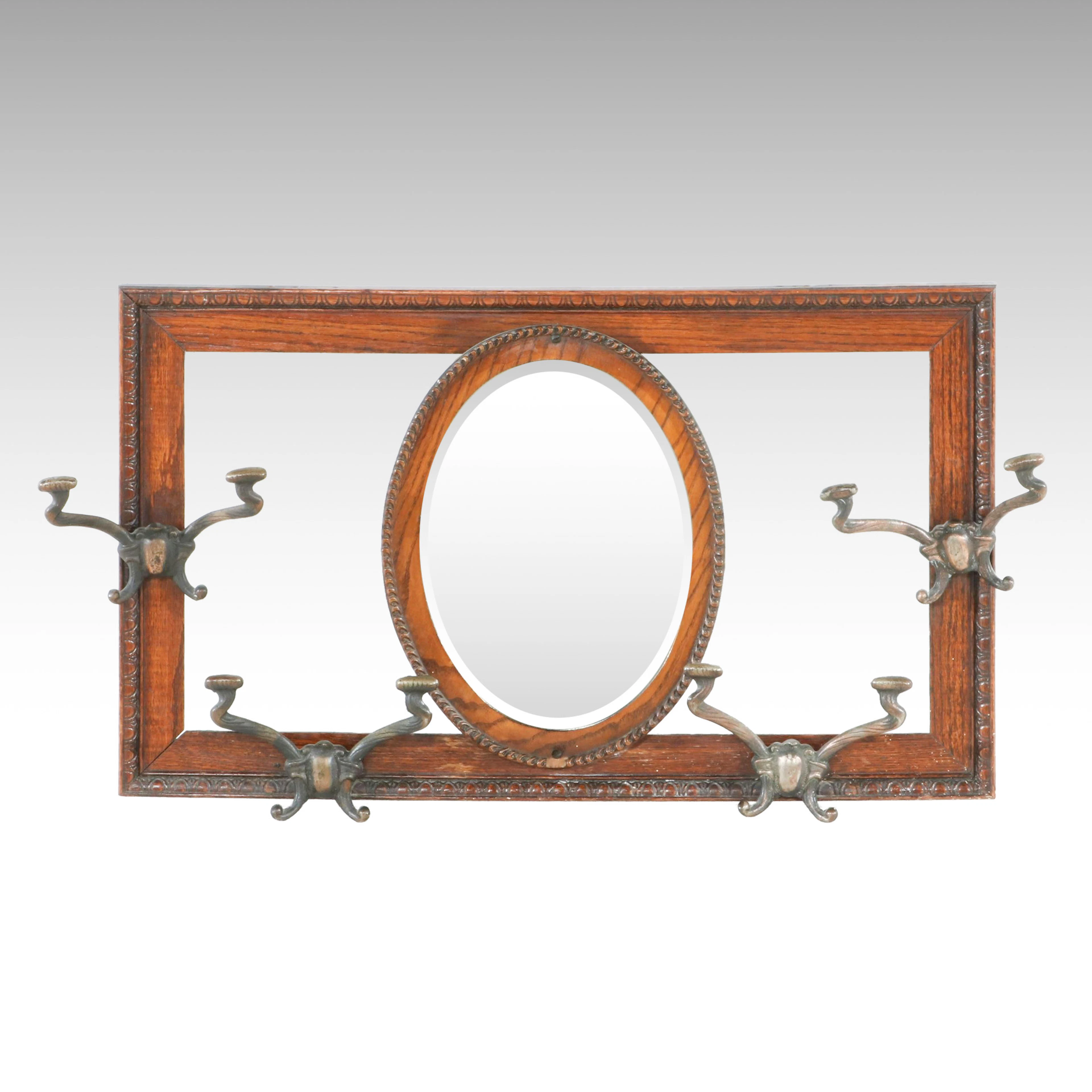 Antique Oak Hat Rack Wall Mirror, Late 19th/Early 20th Century
