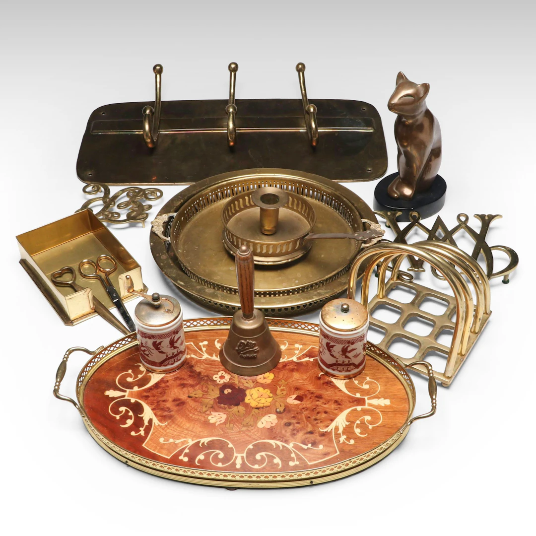 Italian Floral Marquetry Wood Tray with Other Brass Desk Accessories and Décor