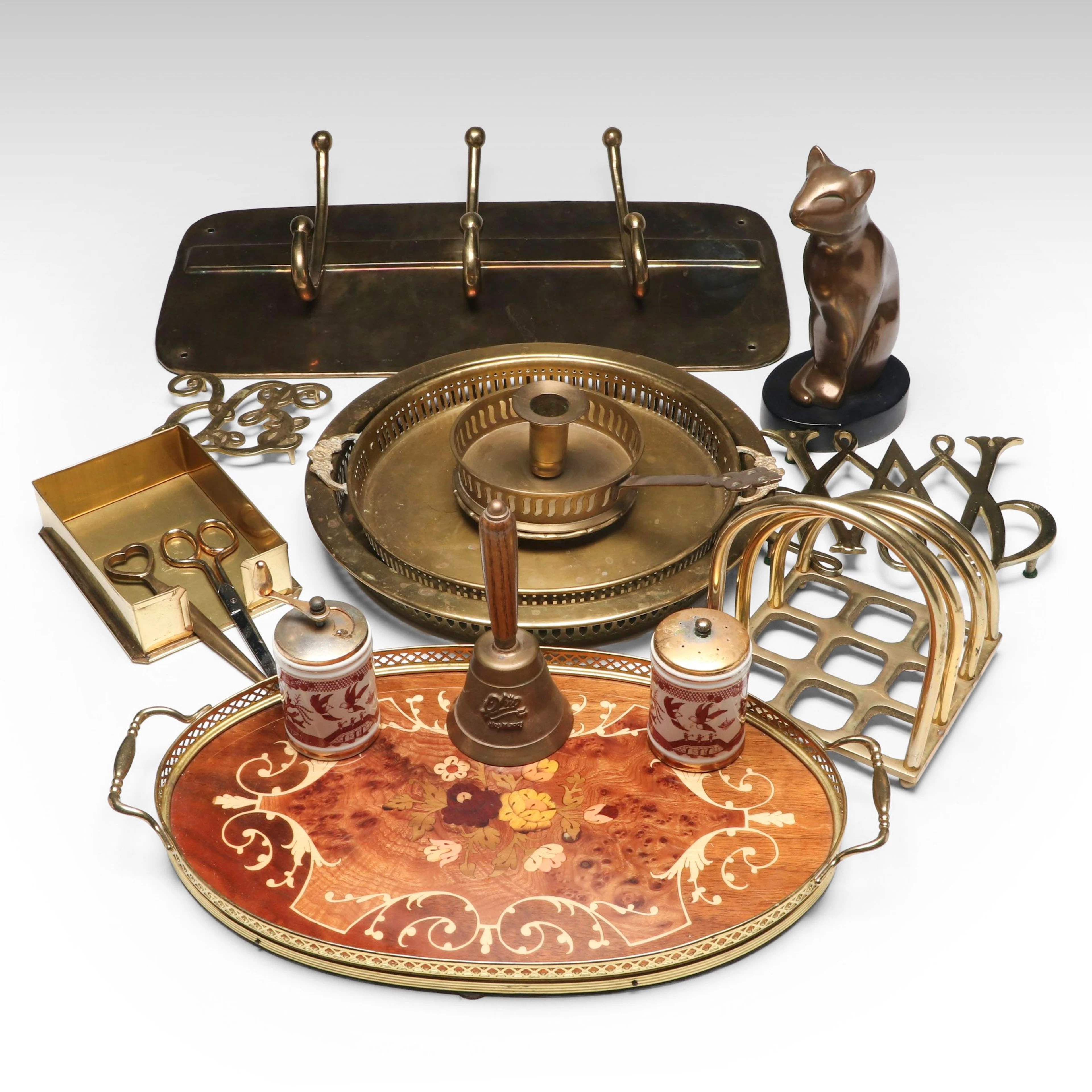Italian Floral Marquetry Wood Tray with Other Brass Desk Accessories and Décor