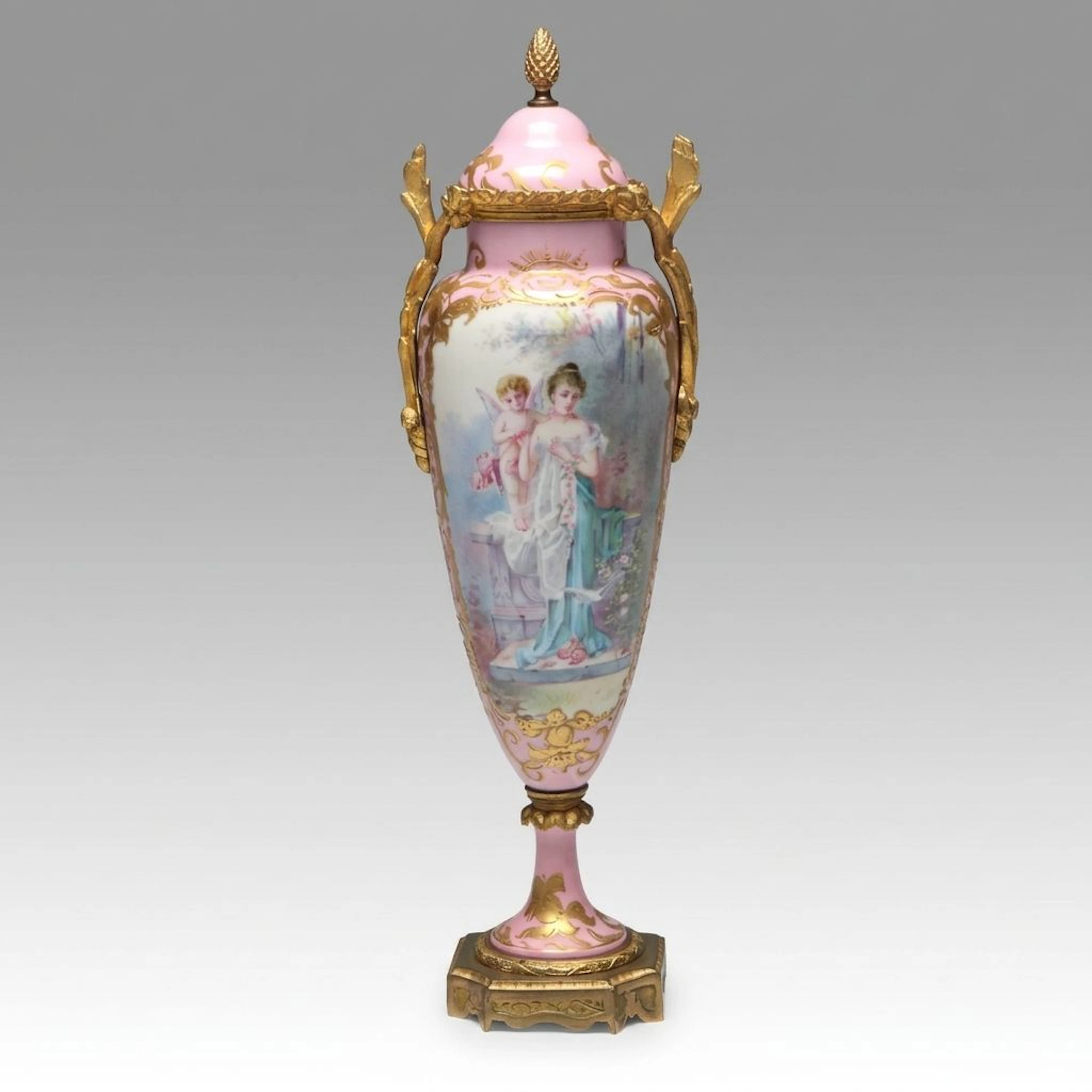 French Hand-Painted Porcelain Lidded Urn with Gilt Accents