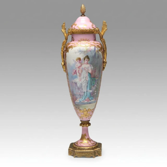French Hand-Painted Porcelain Lidded Urn with Gilt Accents