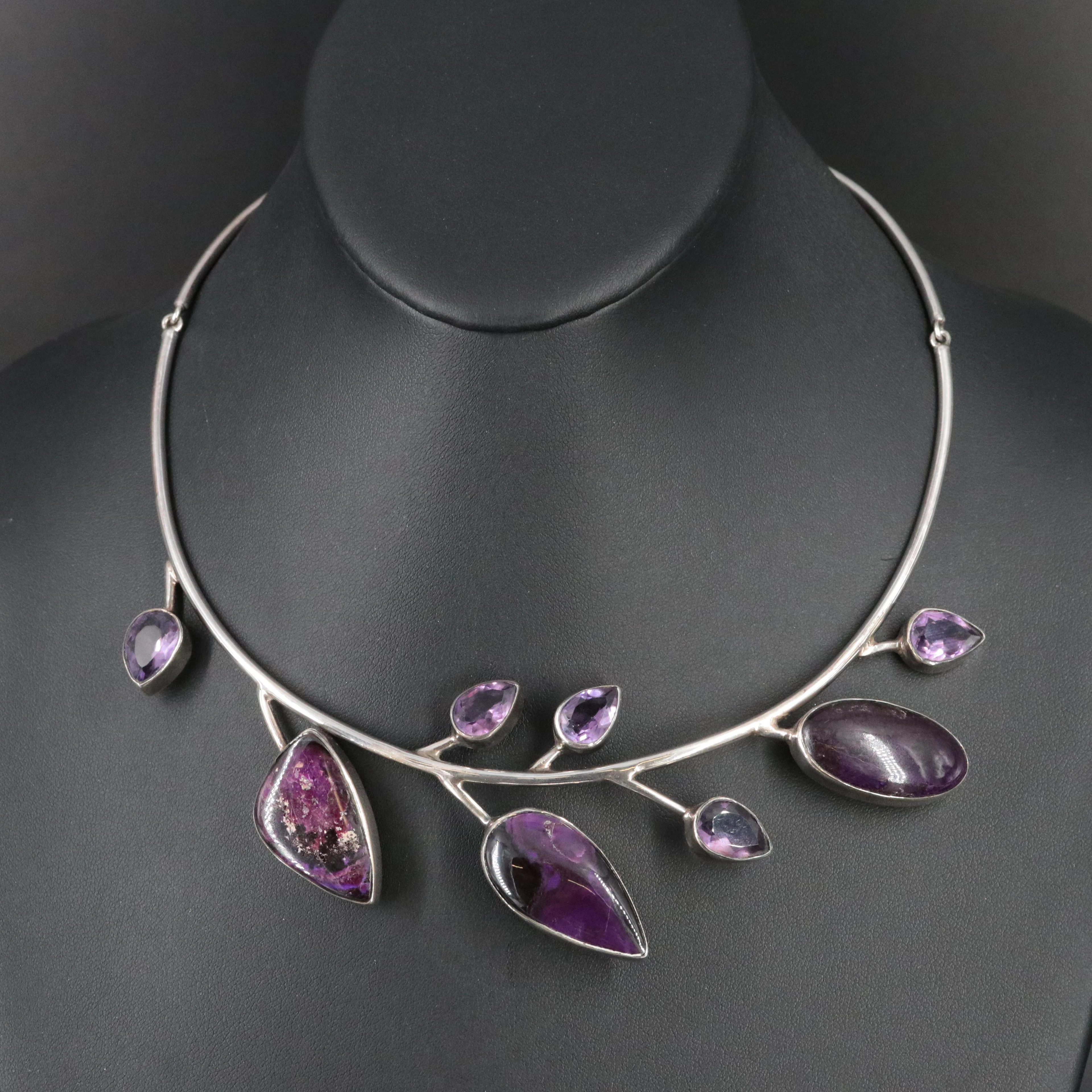 Sterling Sugilite and Amethyst Foliate Collar Necklace