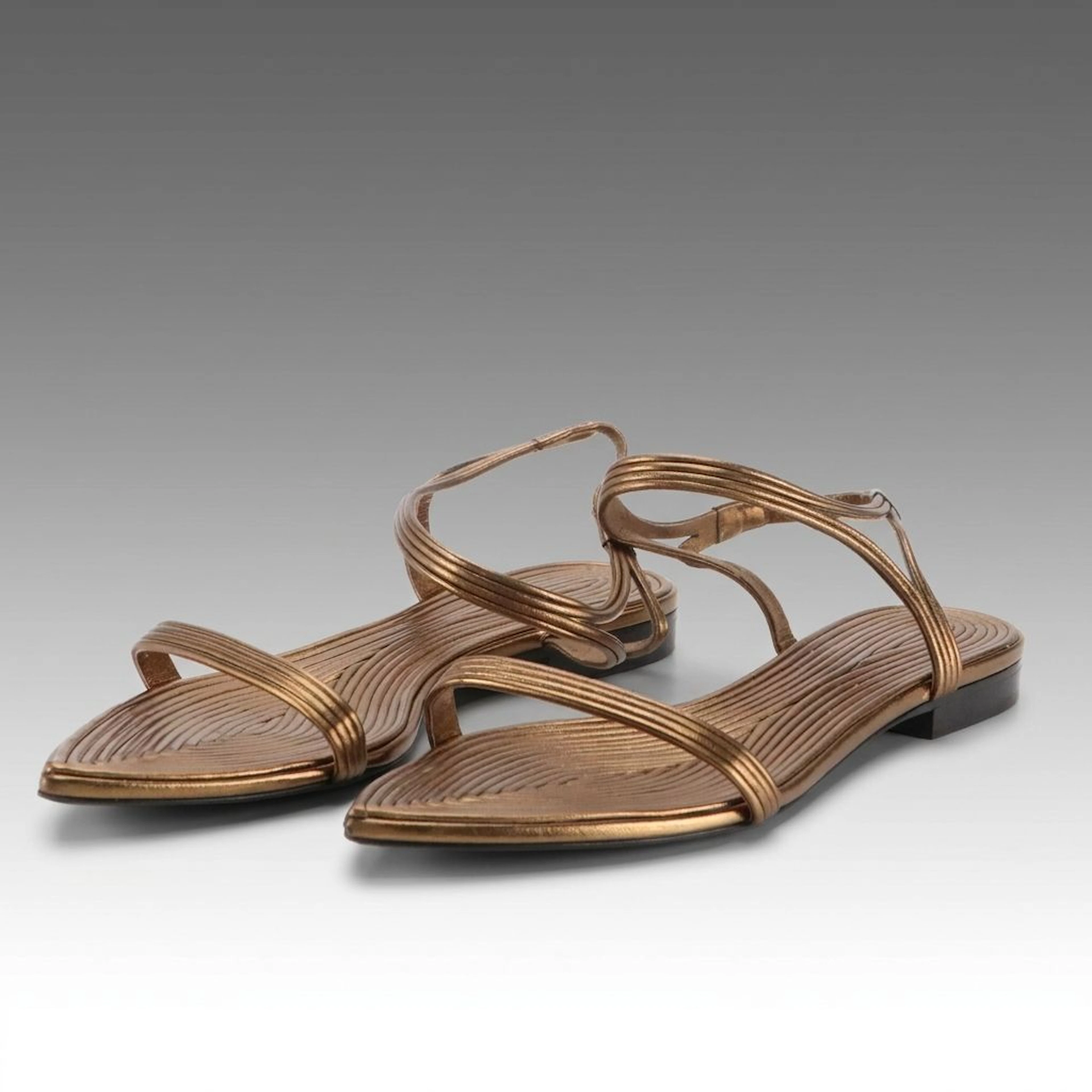 Saint Laurent Pointed Toe Ankle Strap Sandals in Cord Effect Bronze Leather