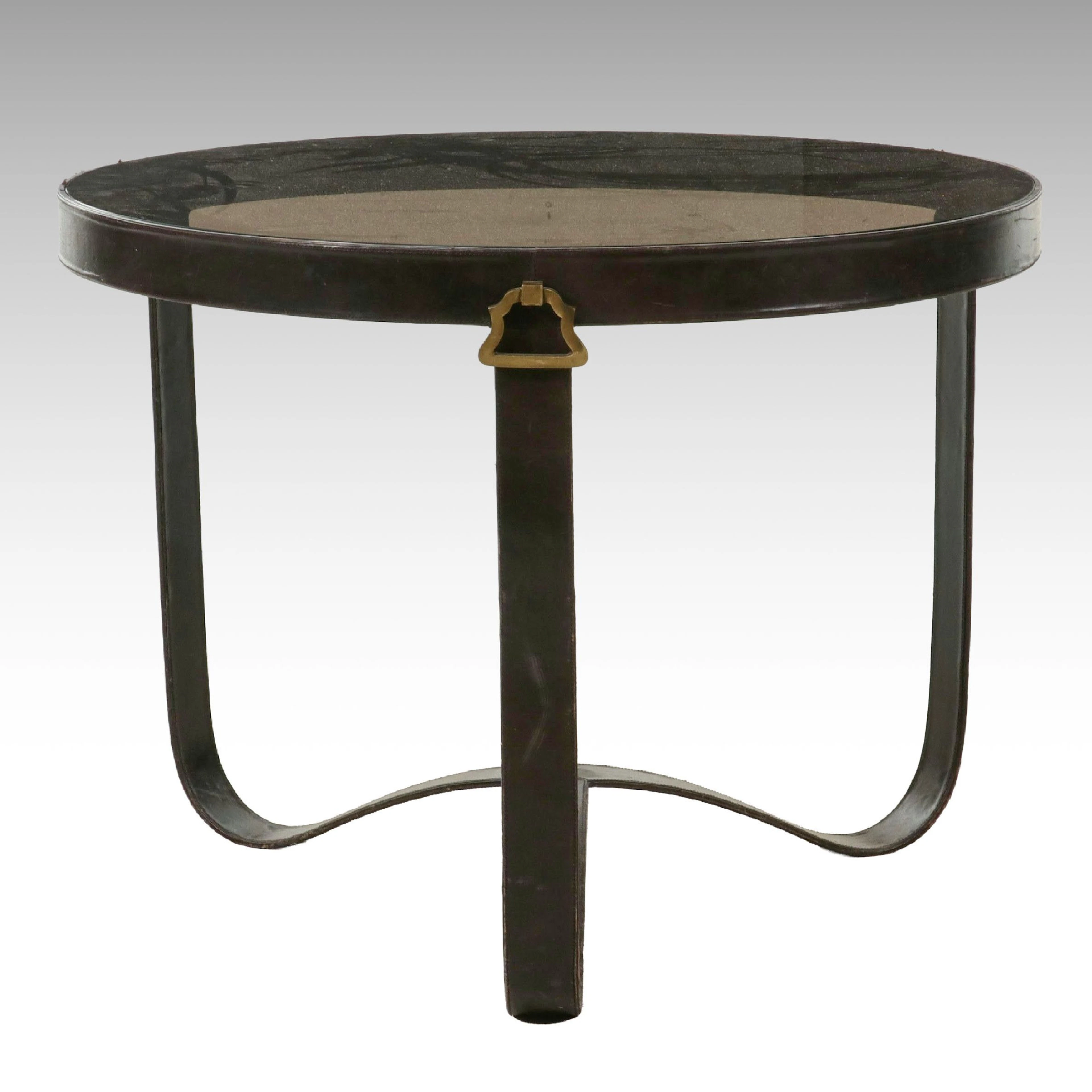 Jacques Adnet Inspired Leather Wrapped Table with Smoked Glass Top