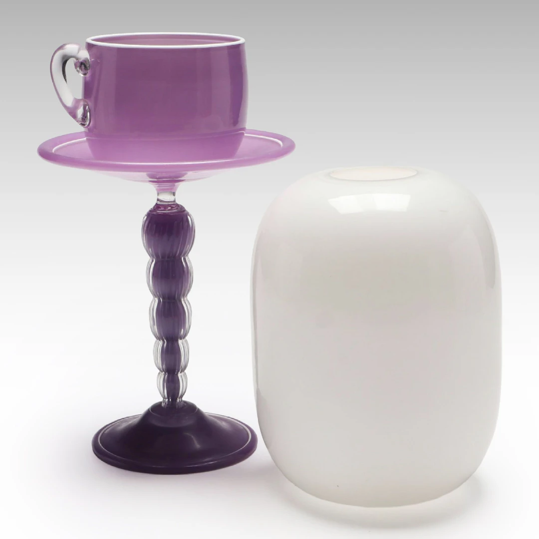 Timo Sarpaneva Art Glass Teacup on Pedestal with White Art Glass Vase