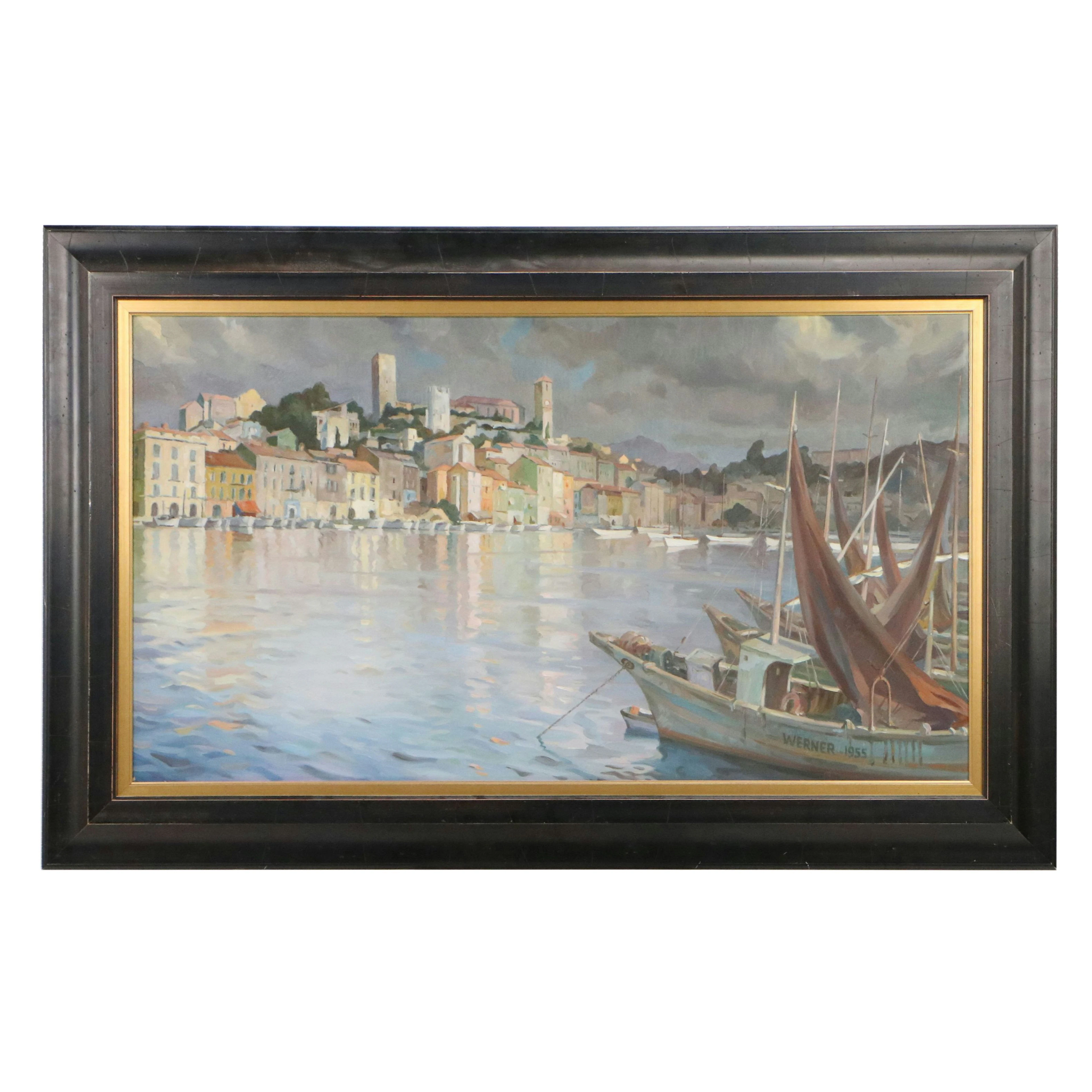 Maritime Oil Painting of Mediterranean Harbor Scene, Circa 1955