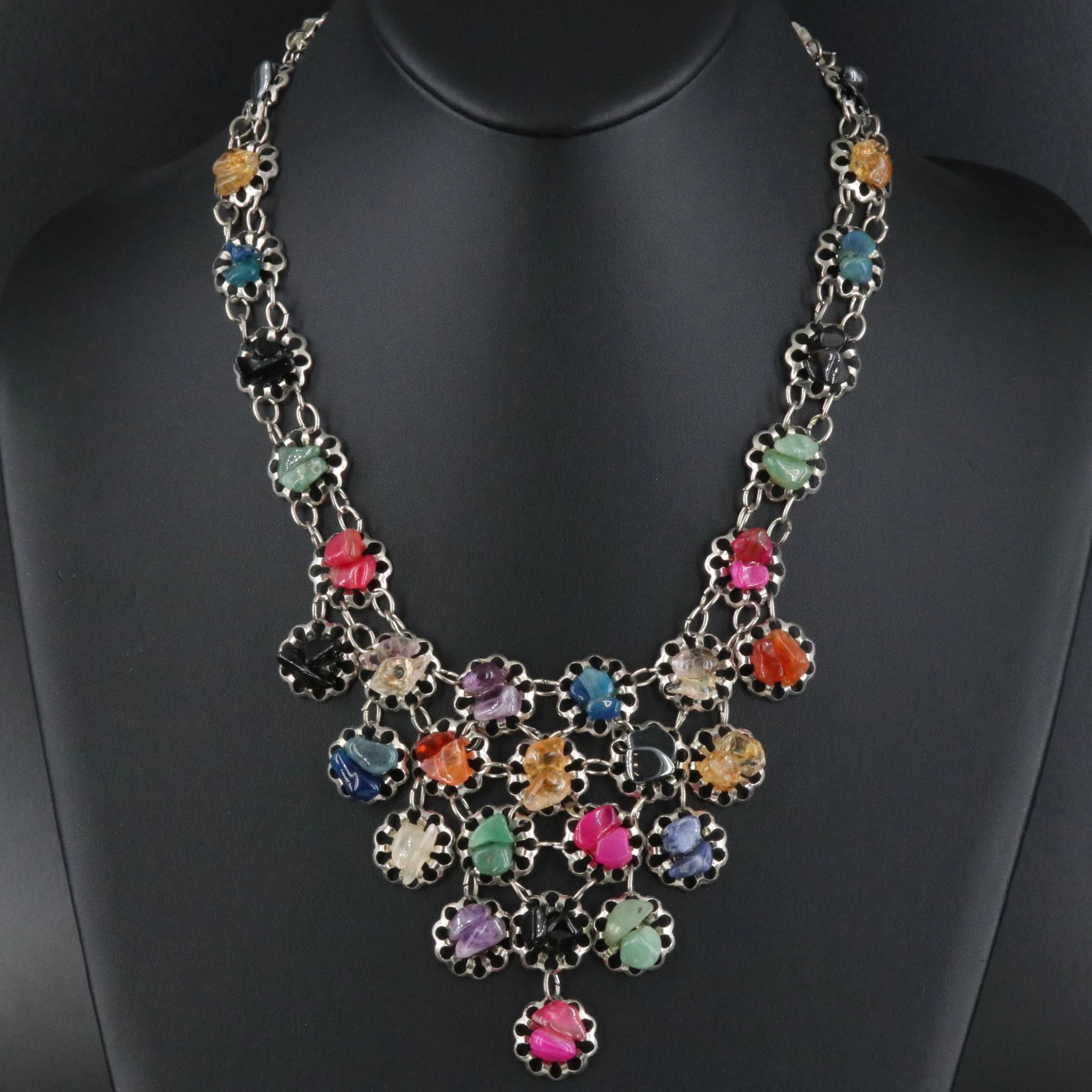 Gemstone Floral Link Necklace Featuring Agate, Citrine and Aventurine