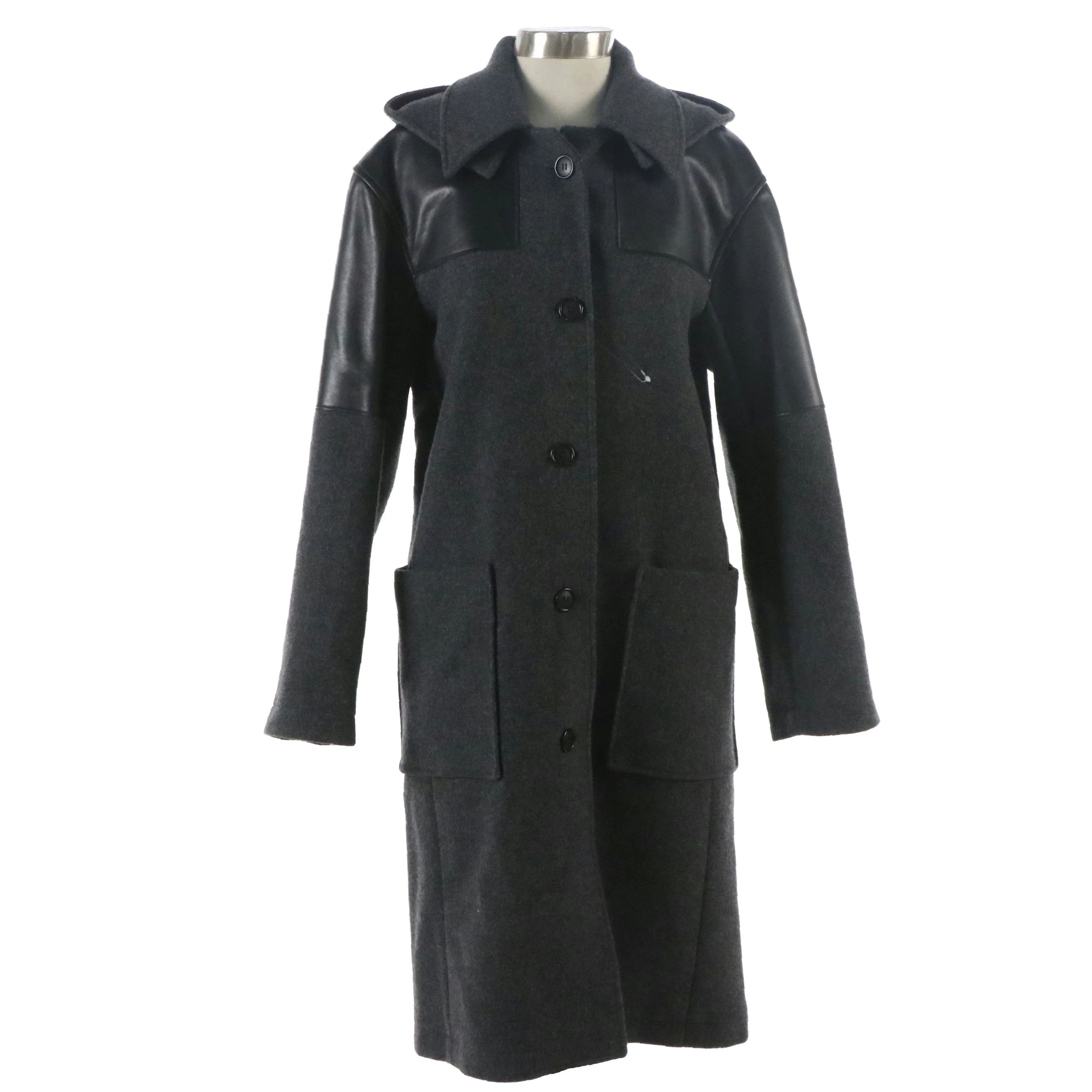 Céline Wool and Calfskin Leather Coat with Detachable Hood in Anthracite