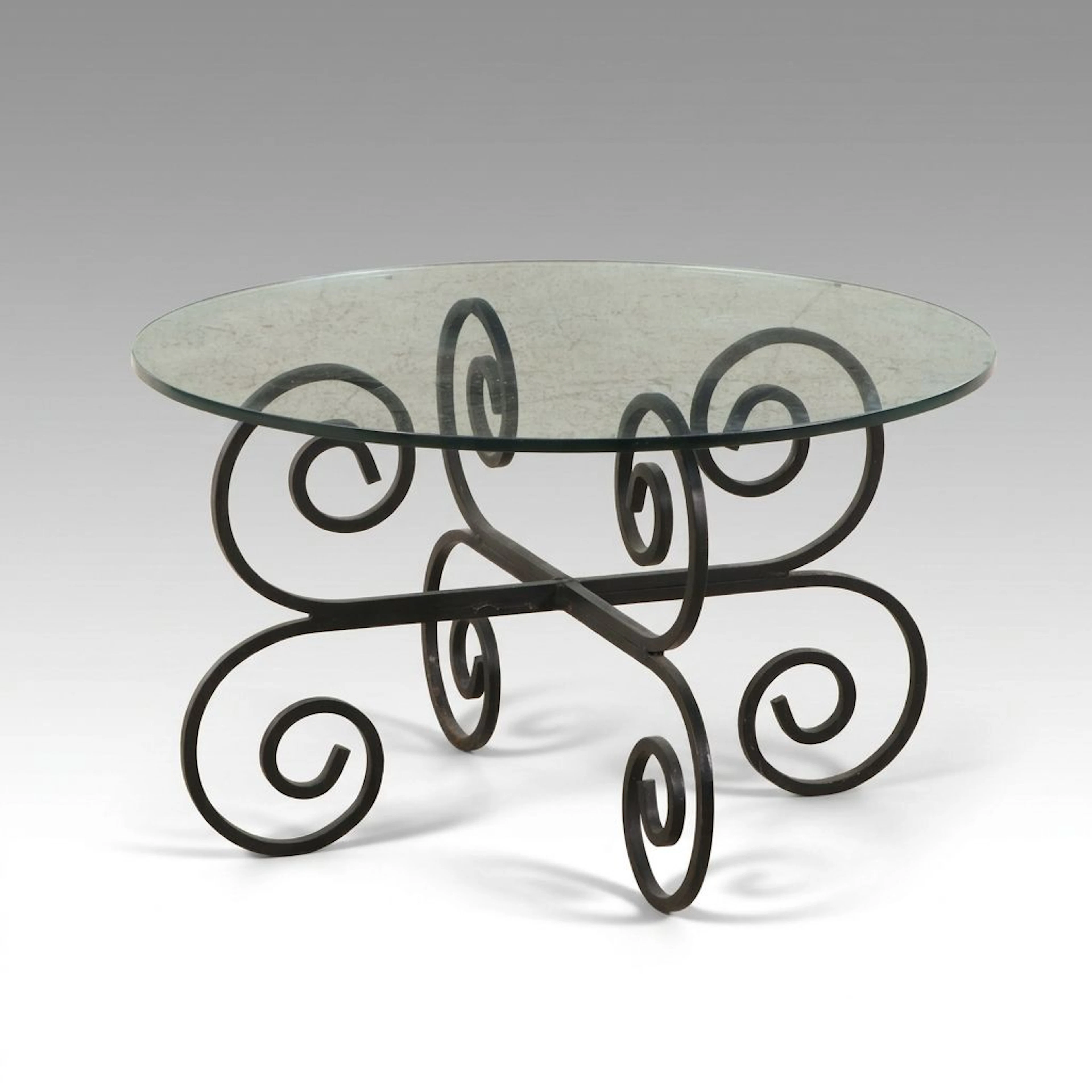 Round Glass Top Scrolled Metal Coffee Table