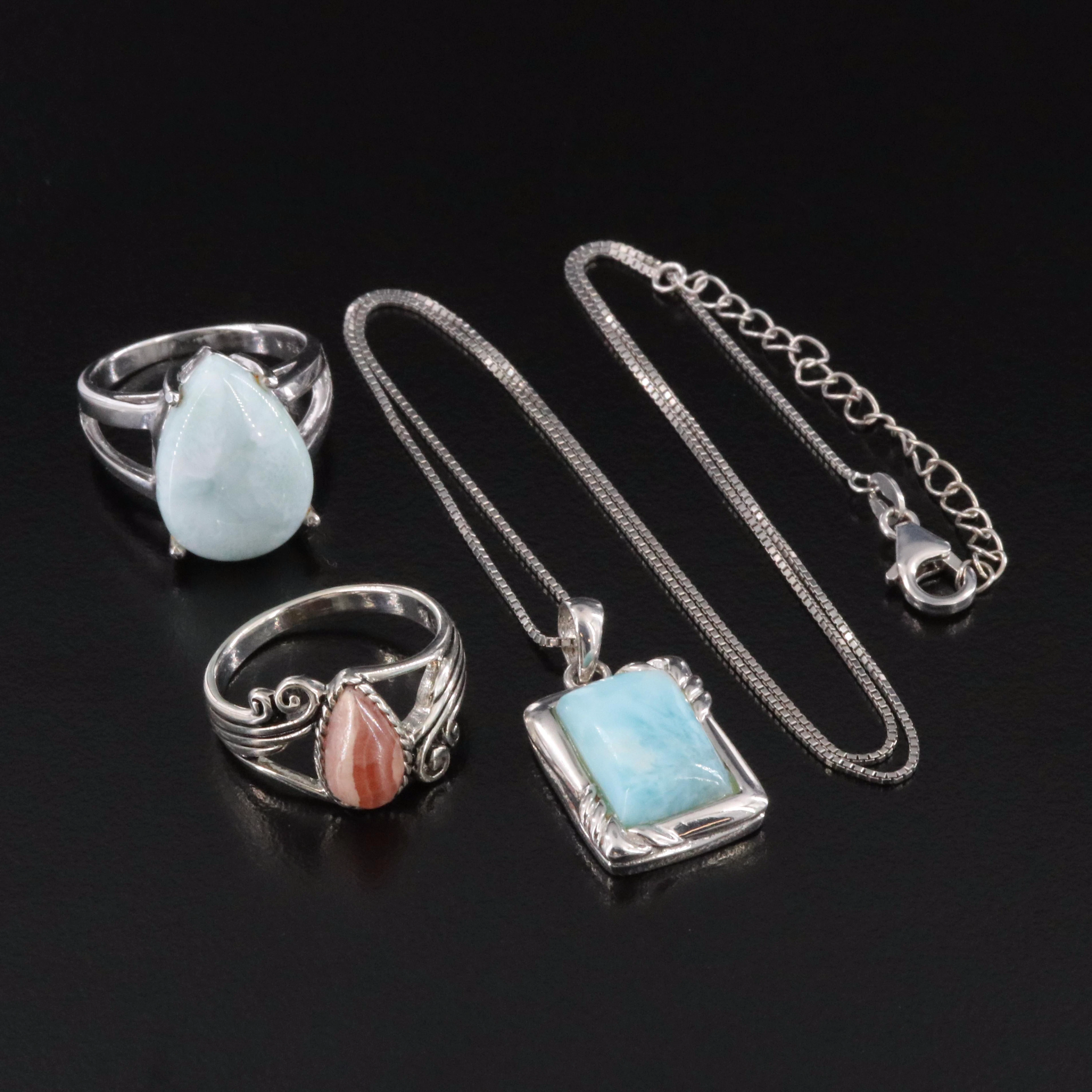 Sterling Rhodochrosite and Larimar Rings and Necklace