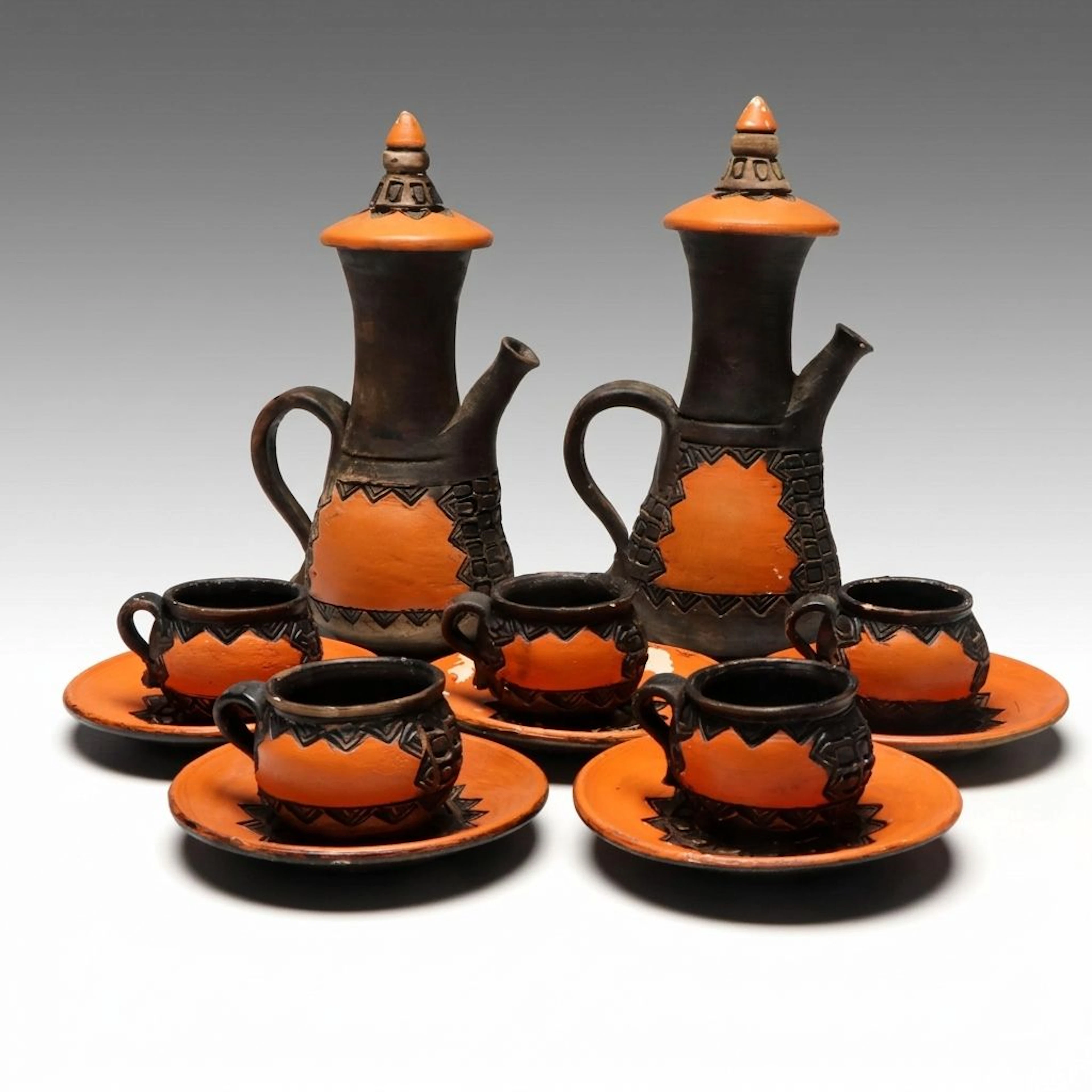 African Style Wheel-Thrown Ceramic Coffee Pots and Cups