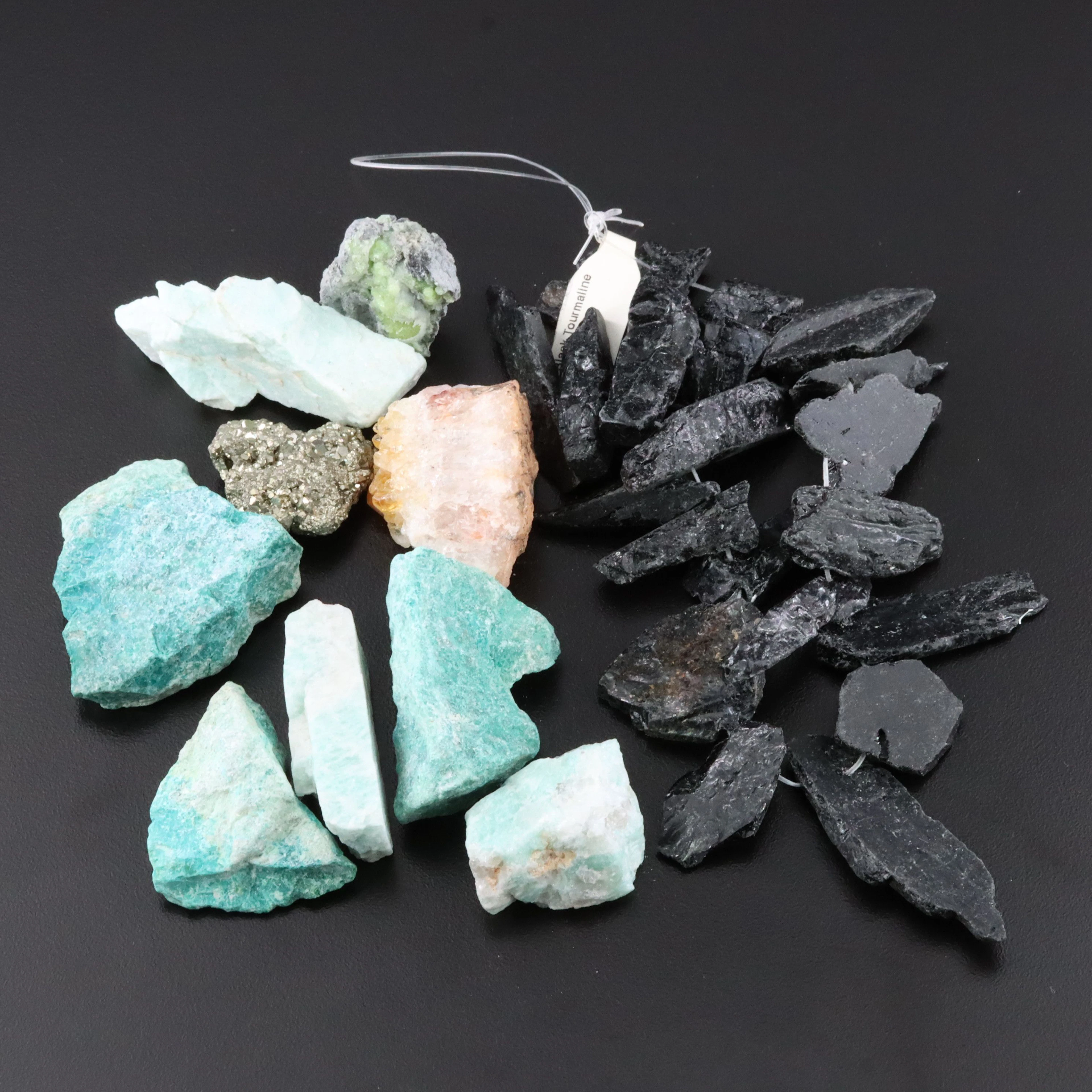 Collection of Rough Gemstones Including Tourmaline, Chrysocolla and Pyrite
