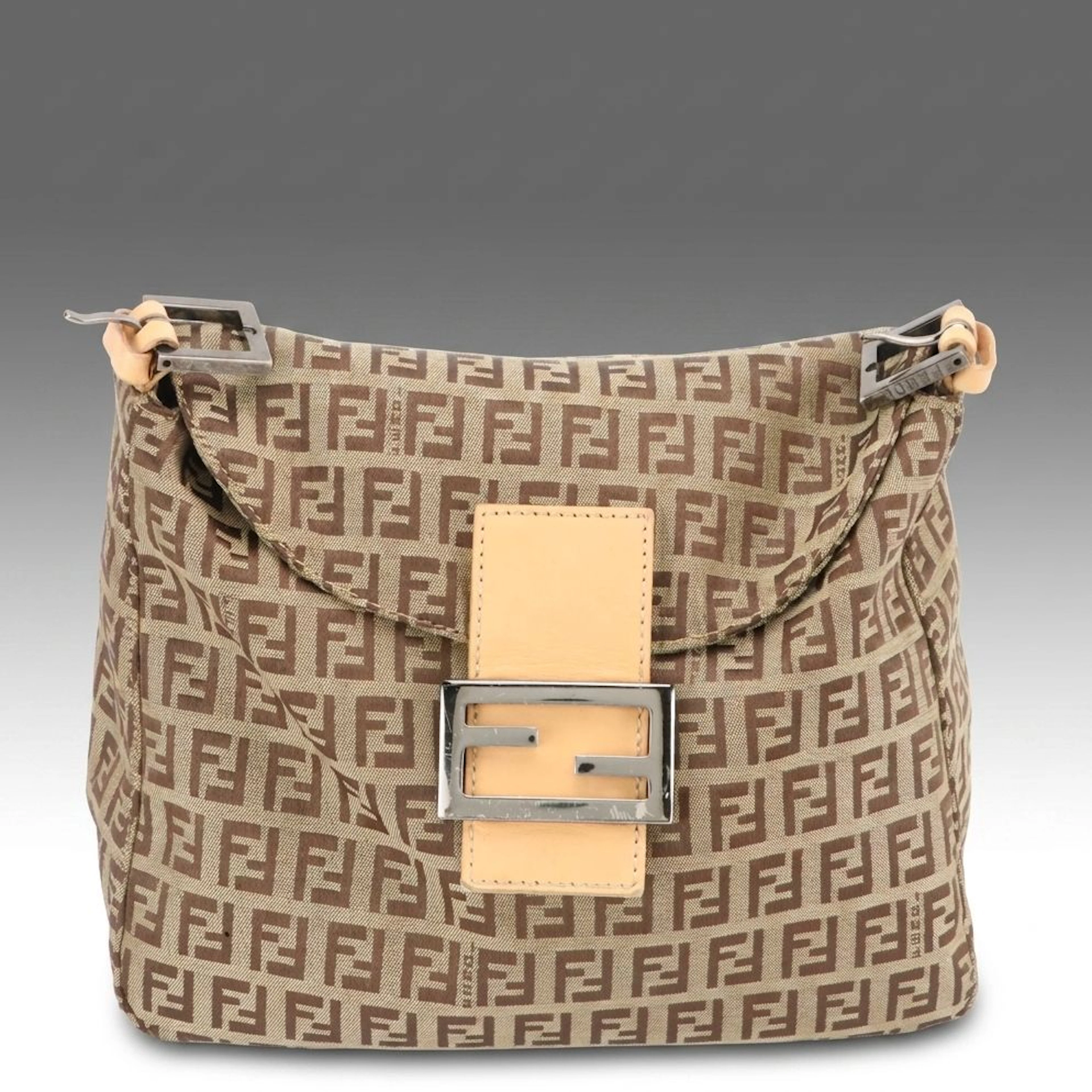 Fendi Foldover Baguette Bag in Zucchino Canvas and Leather
