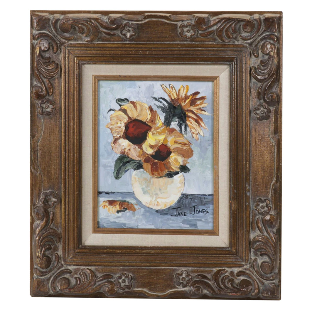 Jane Jones Impasto Oil Painting of Sunflowers in Vase, 20th C.