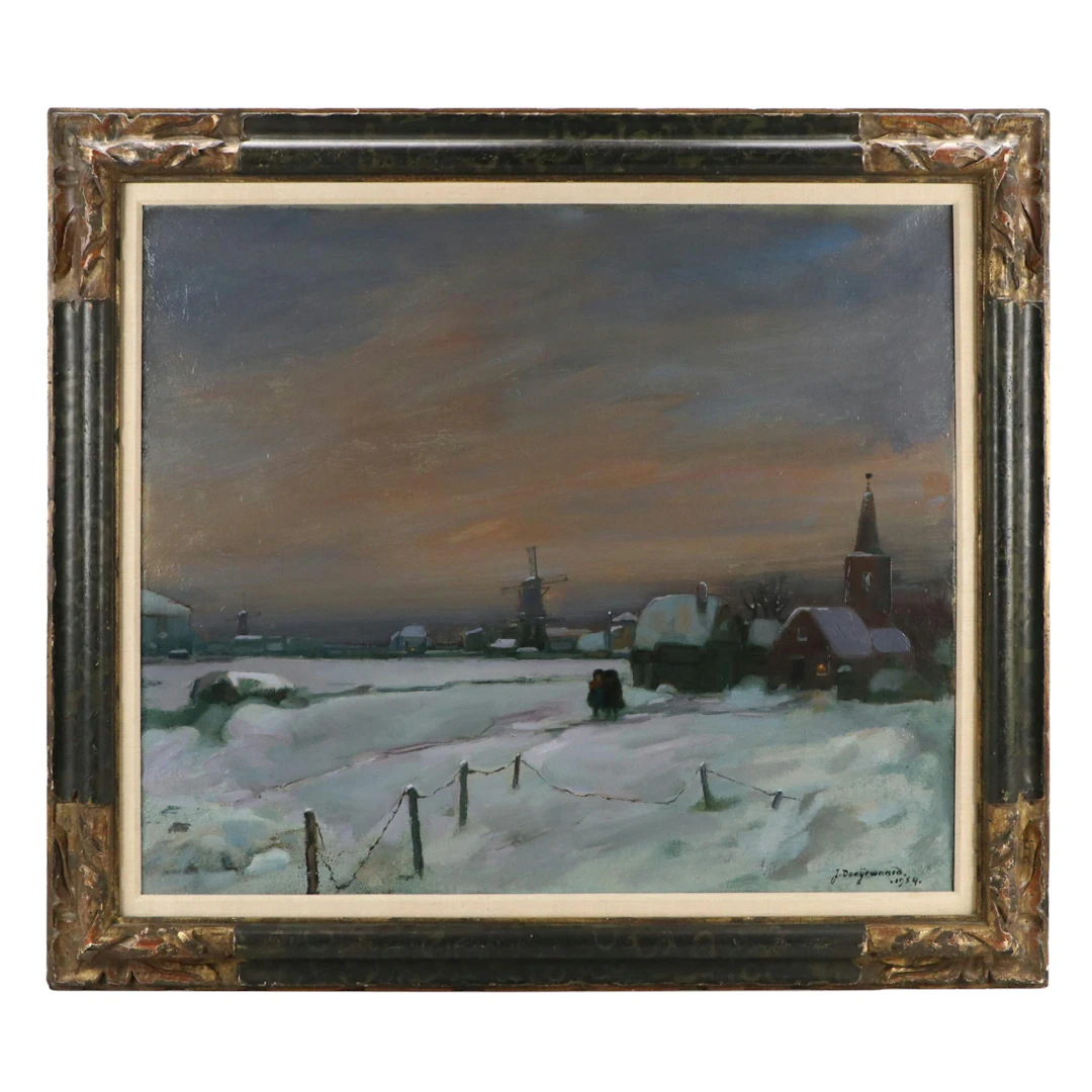 Jaap Dooijewaard Oil Painting "Winter Landscape with Children," 1954