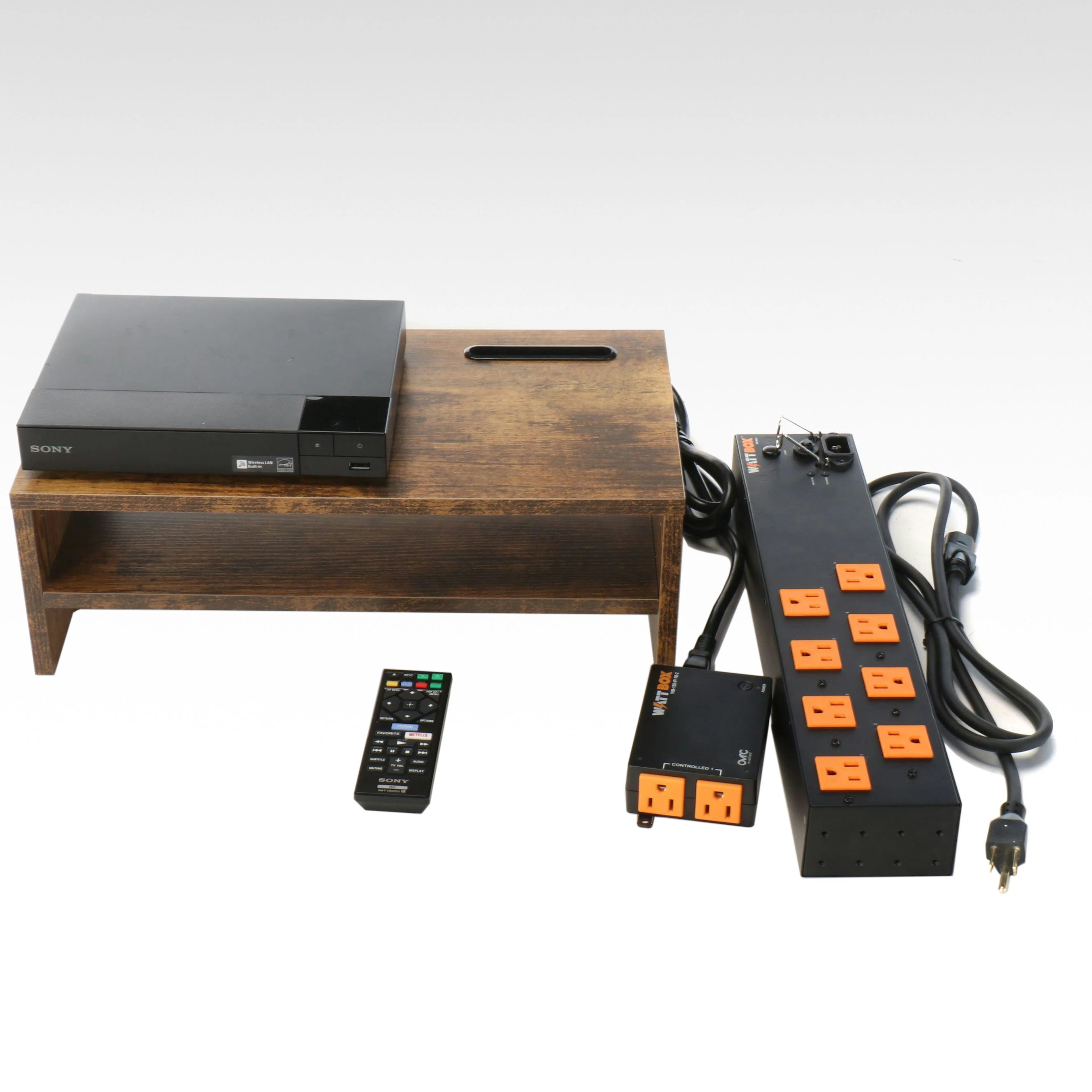 Sony Blu-ray DVD Player with Integrated Remote, Power Strip and Shelf