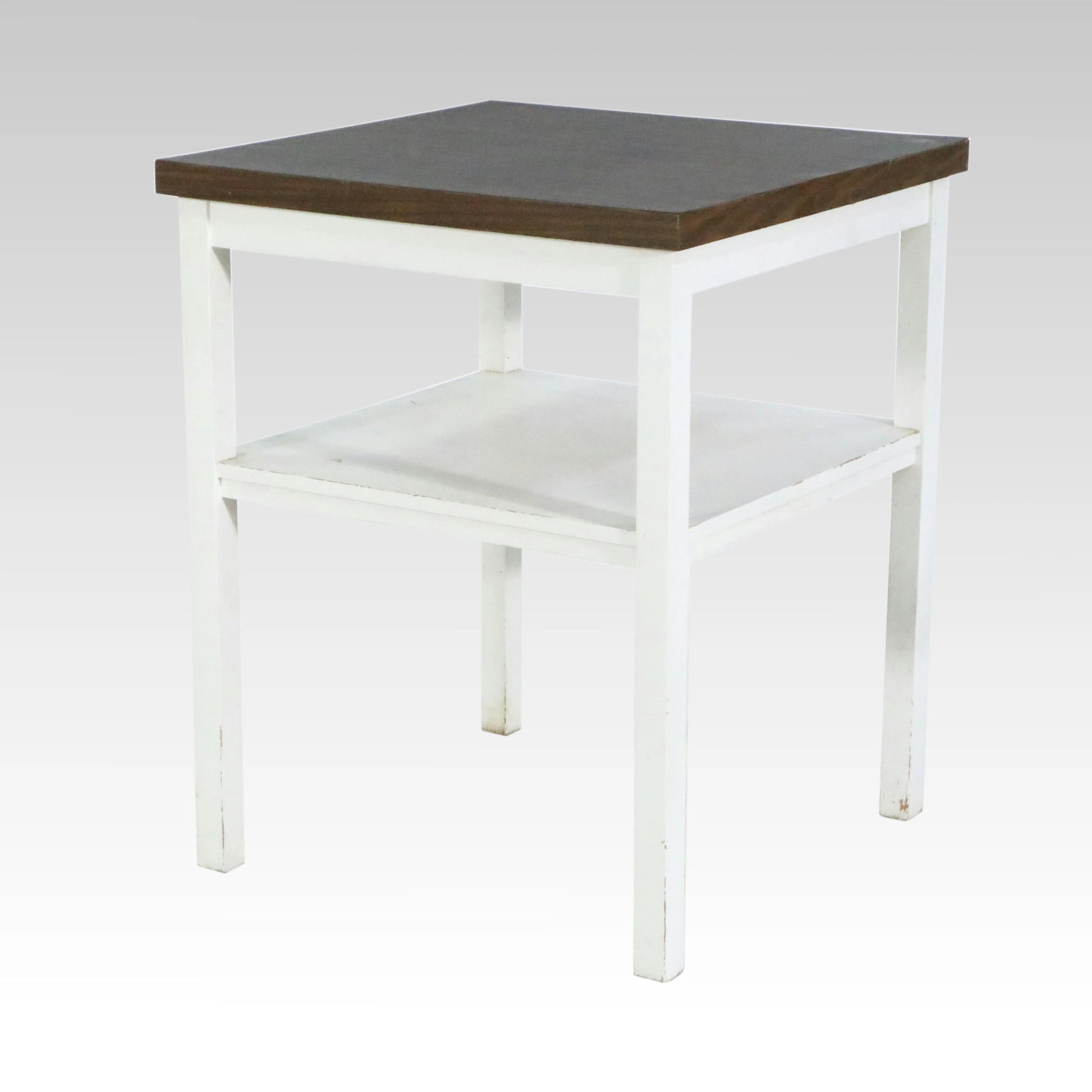 Two-Tier White-Painted End Table with Wood-Look Laminate Top