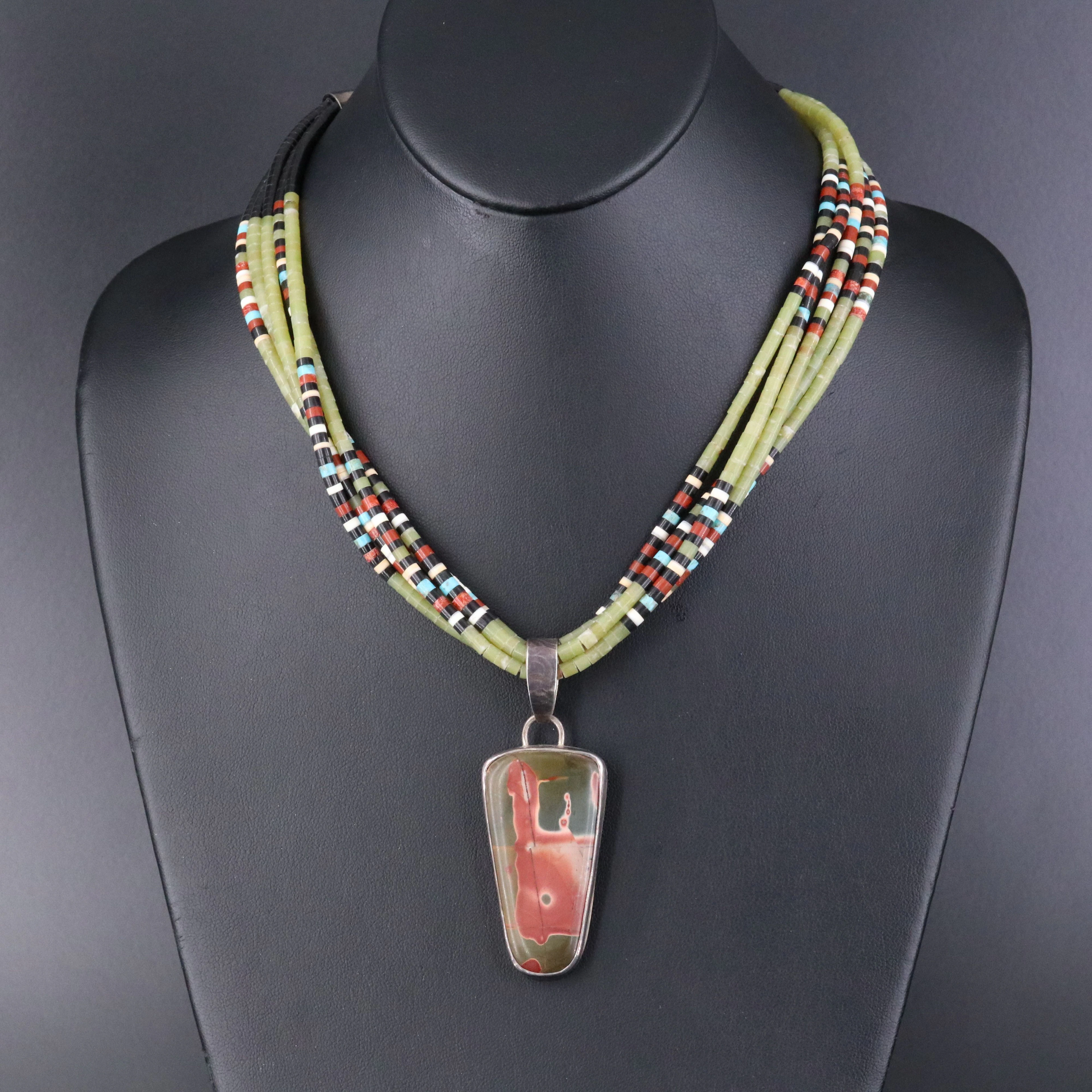 Southwestern Sterling Pendant Necklace Featuring Jasper and Serpentine
