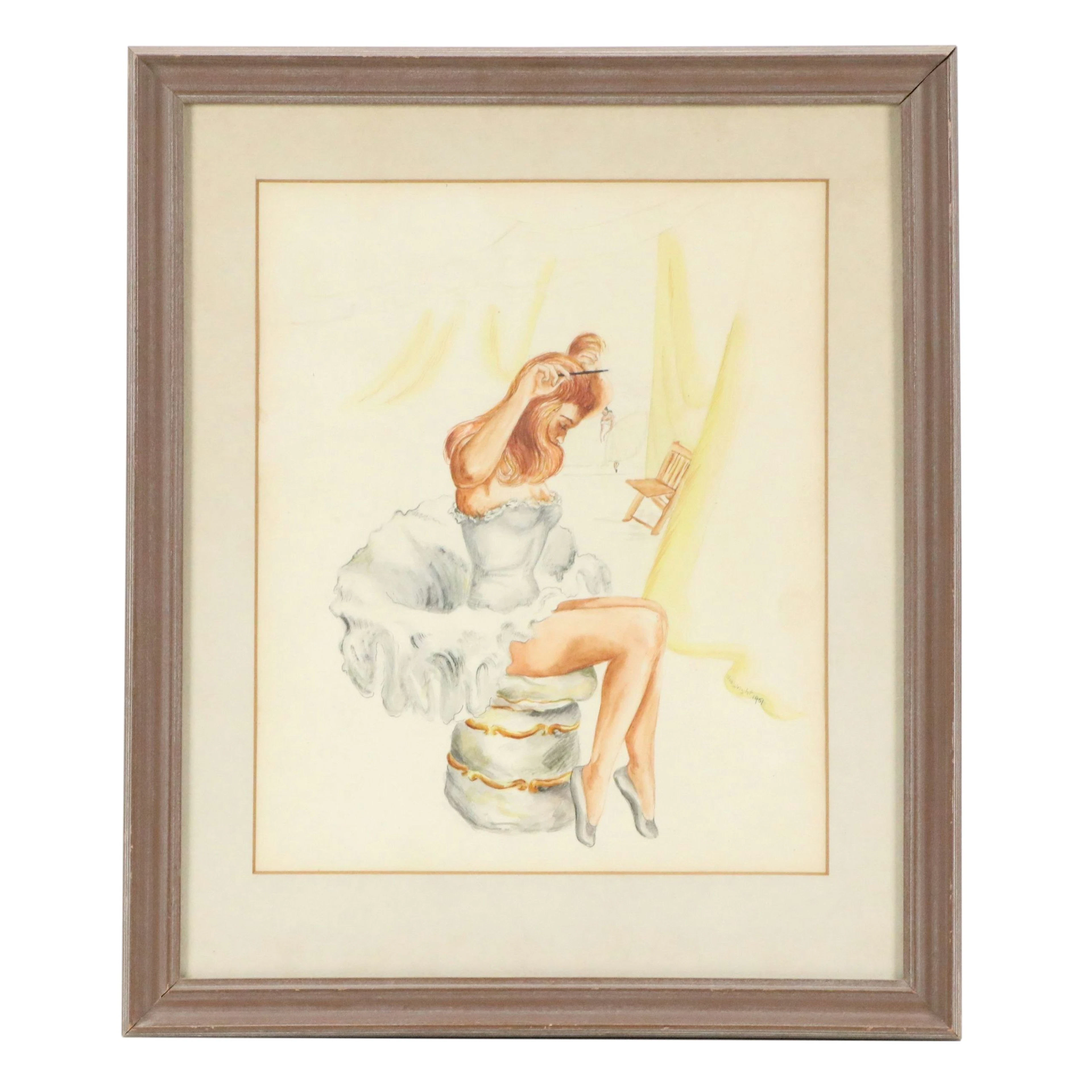 Watercolor Painting of Showgirl Combing Her Hair, Mid-20th Century