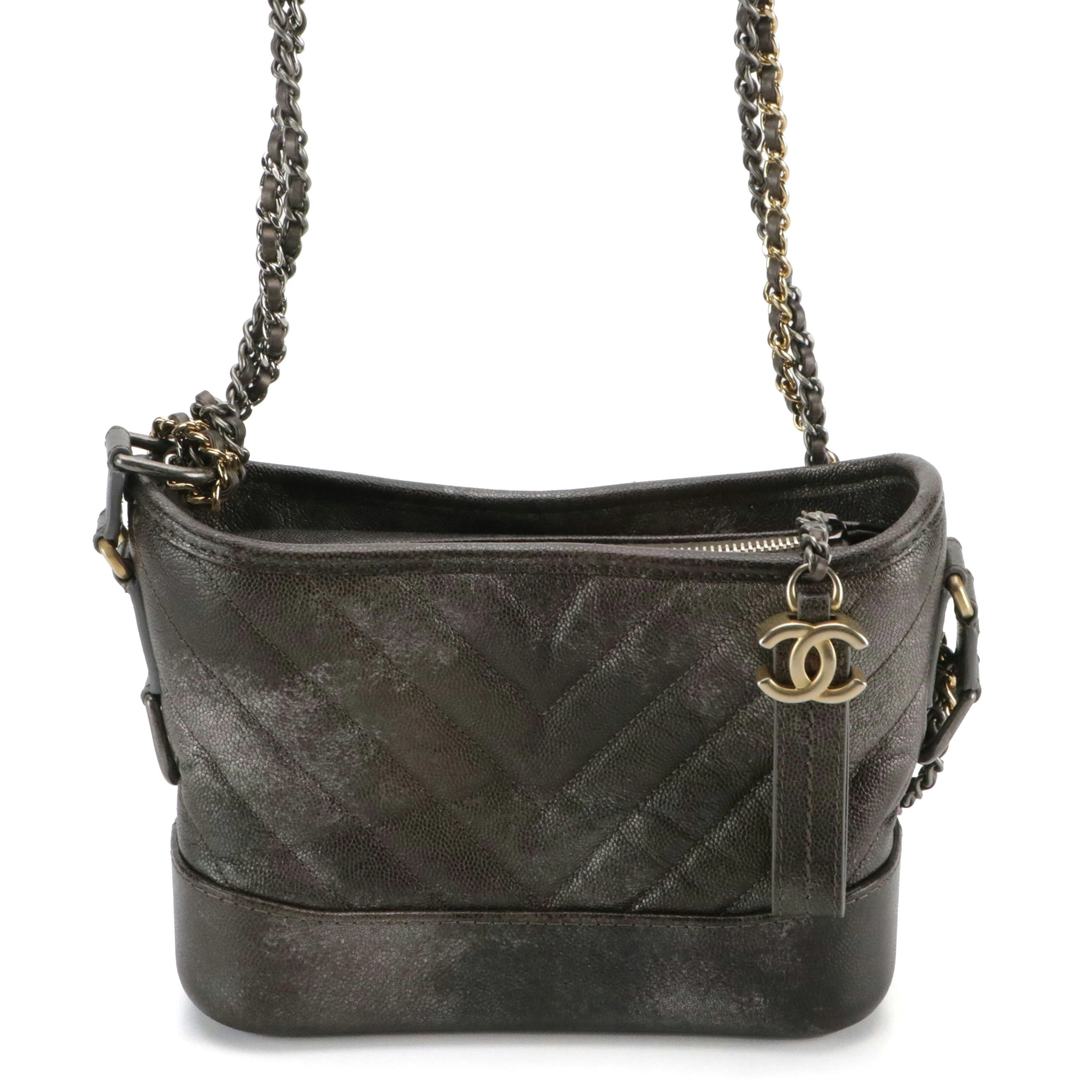 Chanel Gabrielle Chevron-Stitched Chain Strap Bag in Metallic Caviar Leather