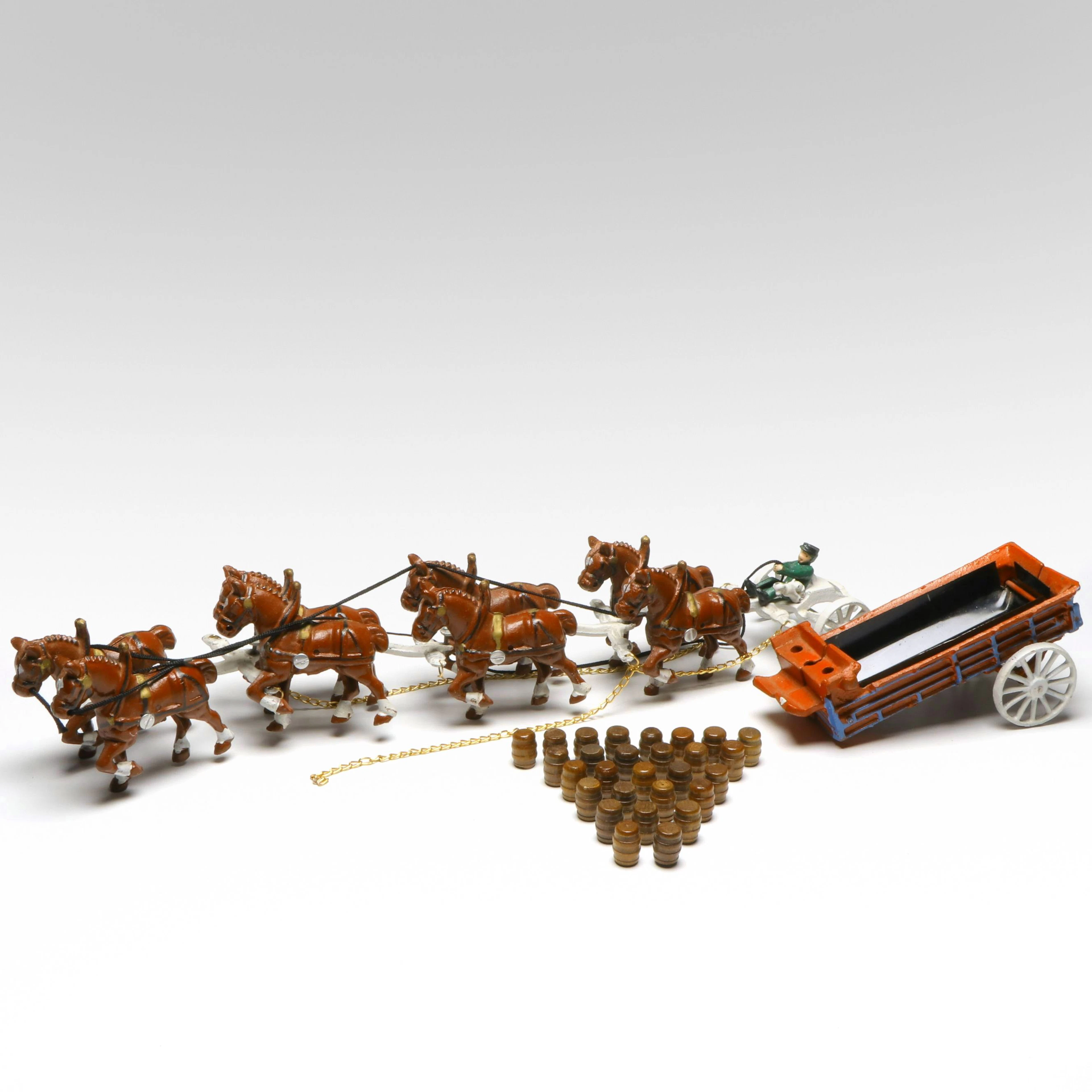 Painted Cast Iron Clydesdale Horse-Drawn Beer Wagon
