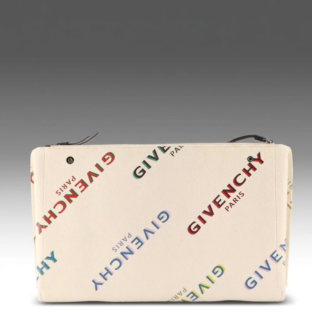 Givenchy Extra Large Double Zip Portfolio Case in Rainbow Logo White Wool Blend