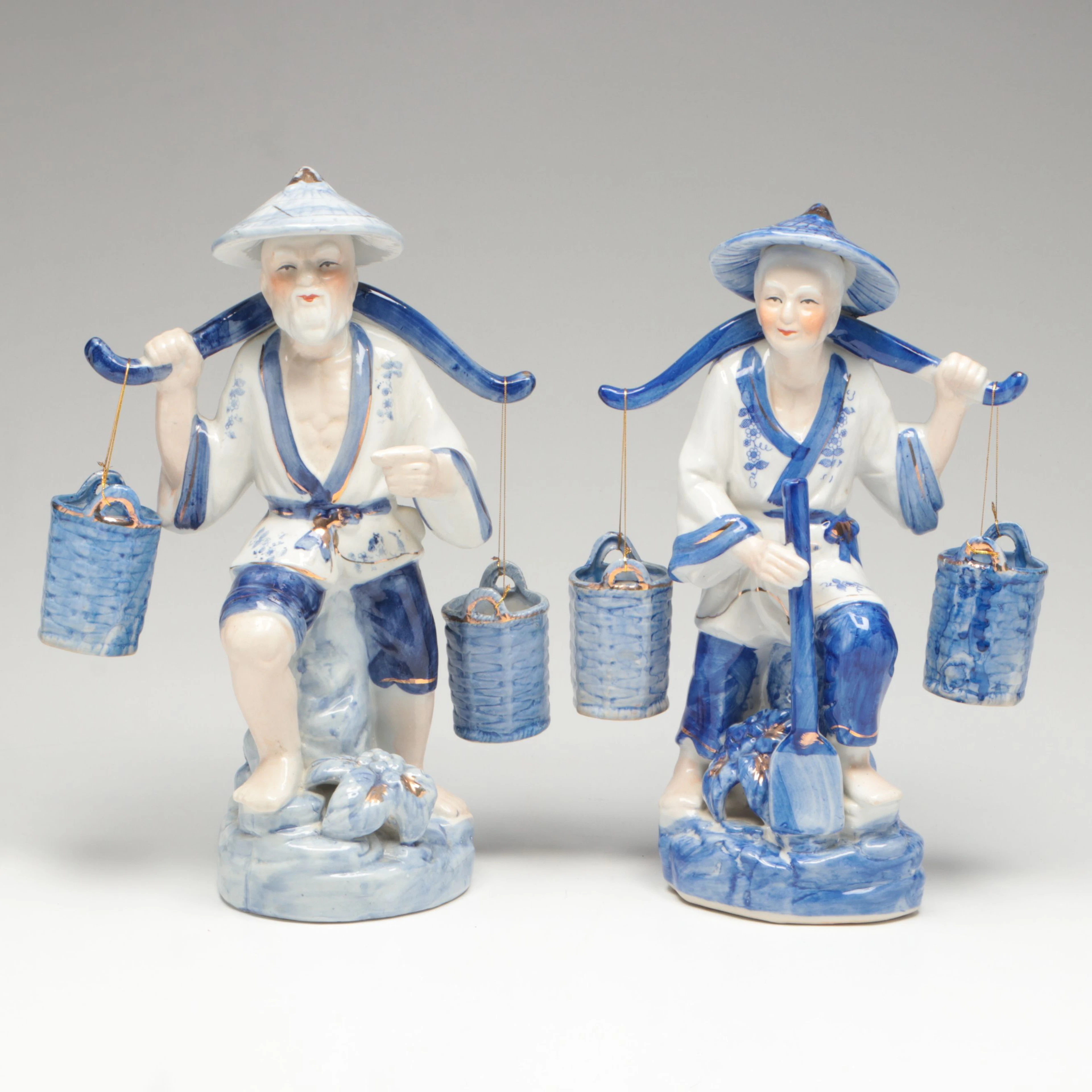 Chinese Fisherman and Woman with Water Buckets Figurine Pair