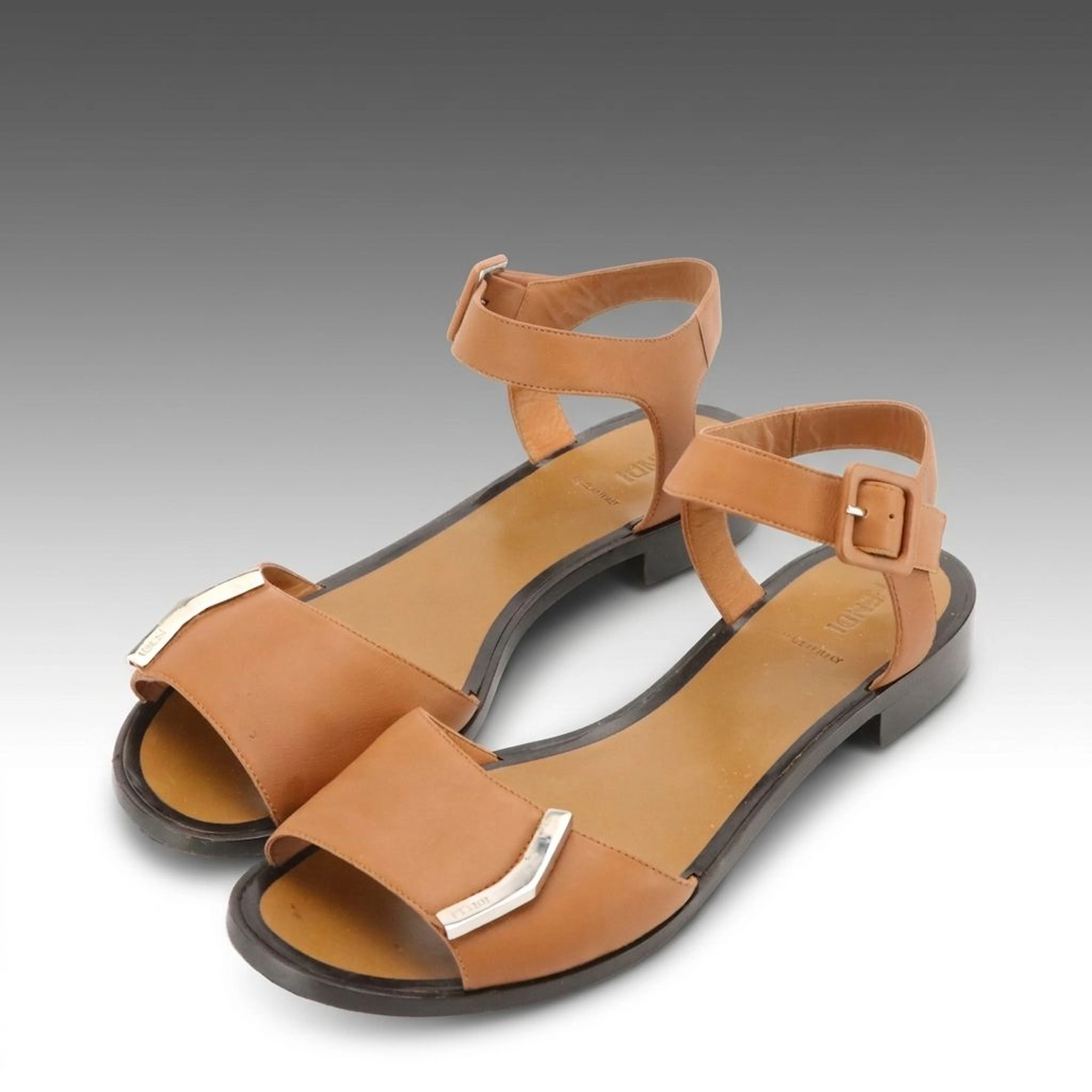 Fendi Ankle Strap Sandals in Brown Leather with Metal Accent