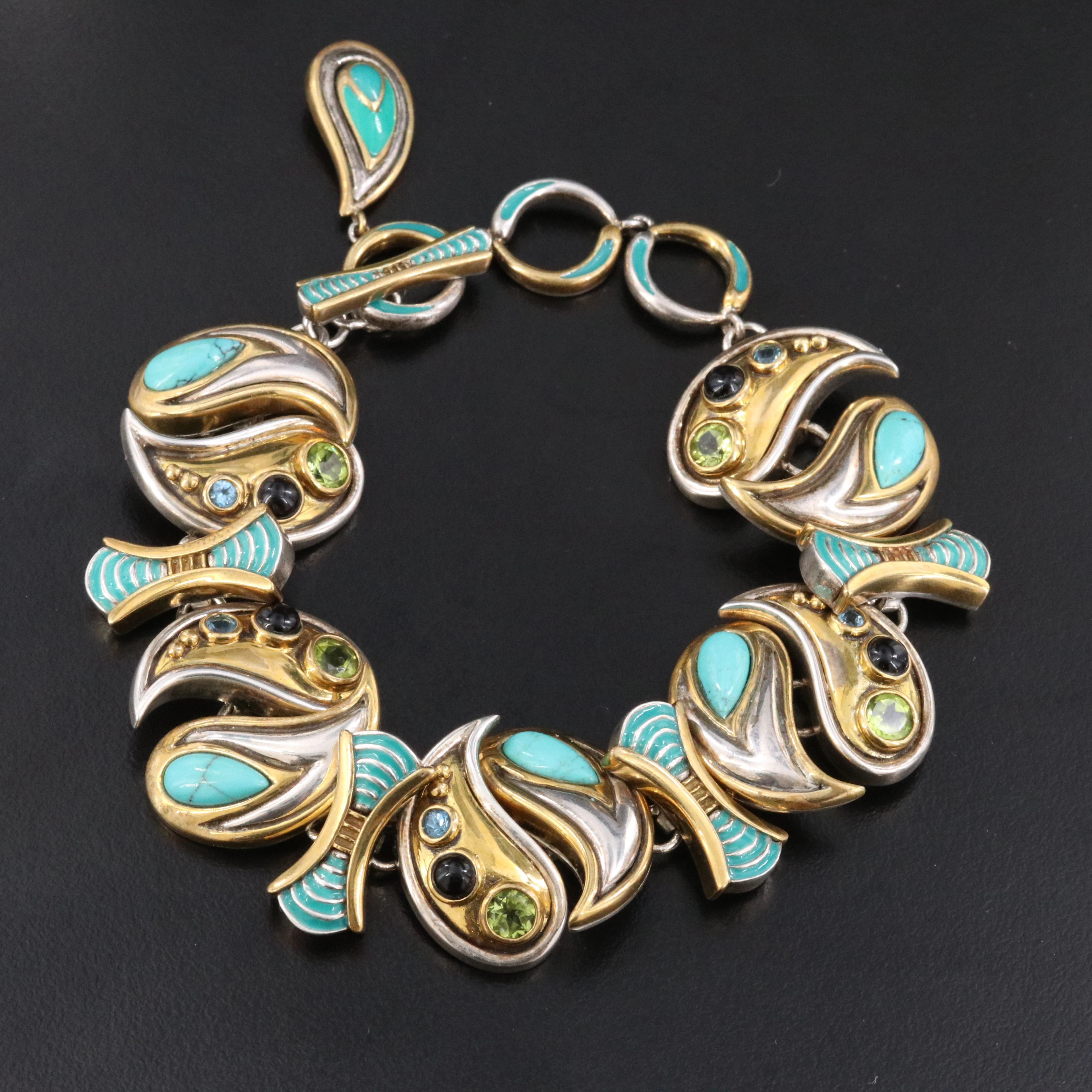Sterling Gemstone and Enamel Swirl Link Toggle Bracelet with Bronze Accents