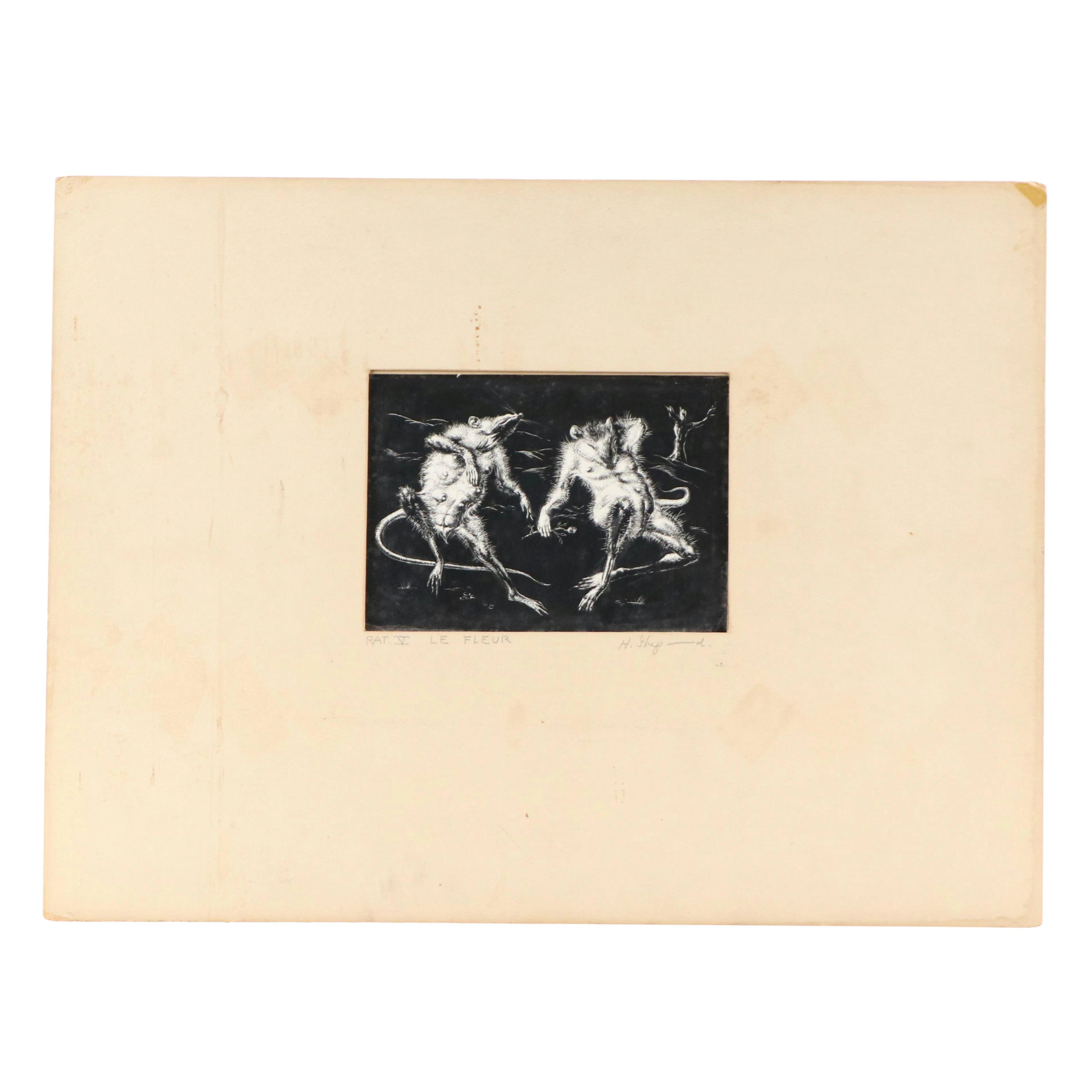Harvey Shepard Sgraffito Drawing "Rat V - Le Fleur," Mid-20th C.