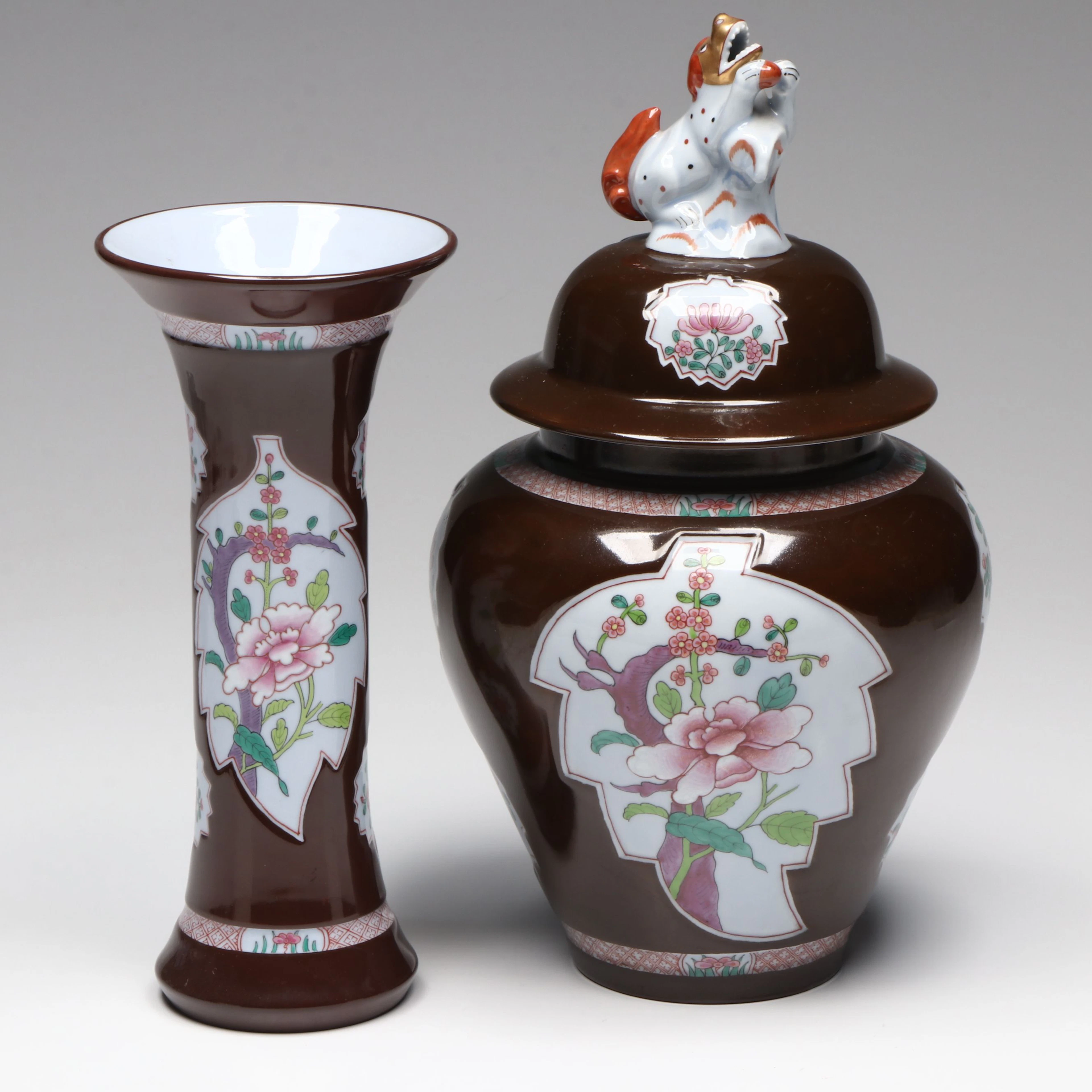 Herend Brown Chinoiserie Porcelain Beaker Vase and Ginger Jar