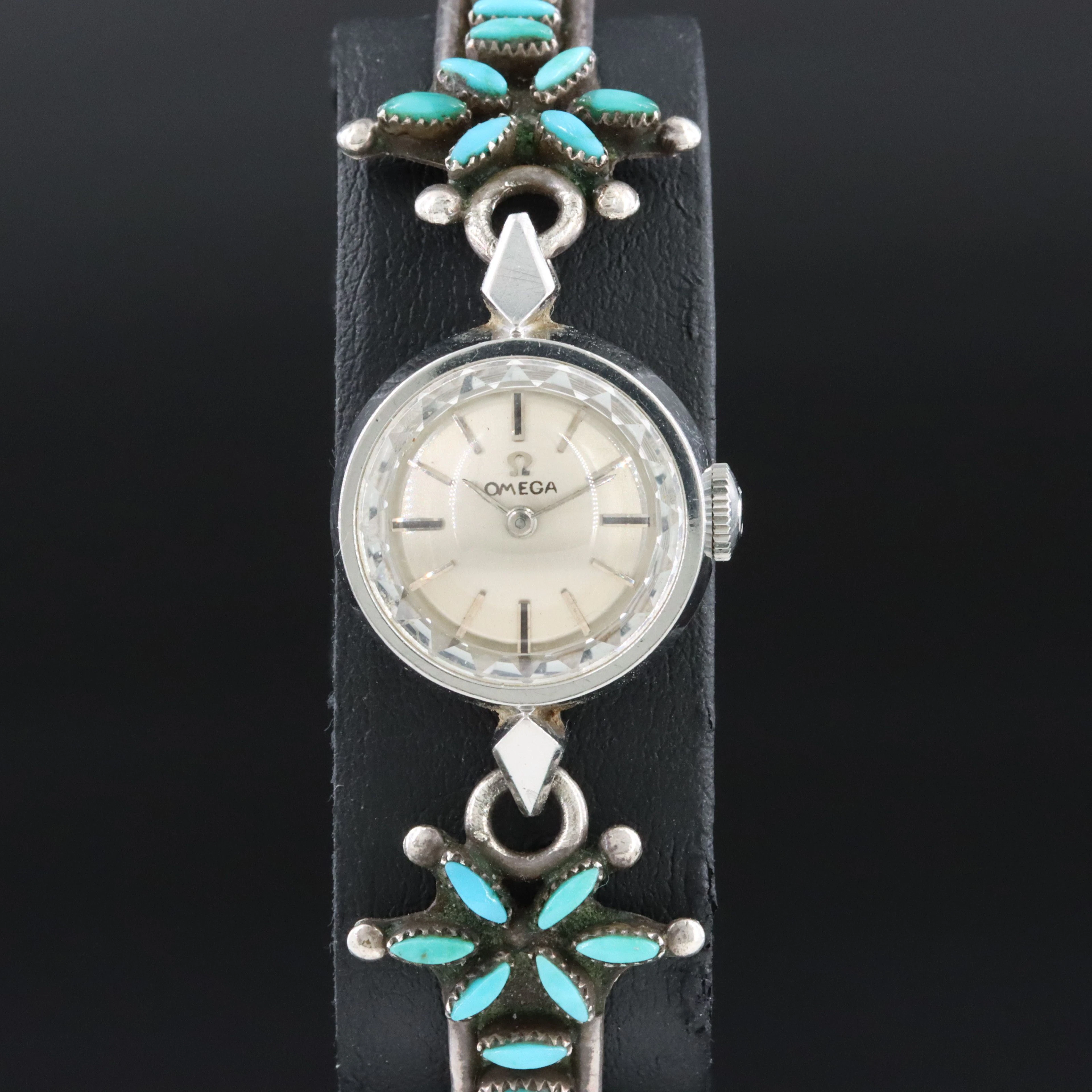 Vintage Omega Needlepoint Turquoise Sterling and Stainless Steel Stem