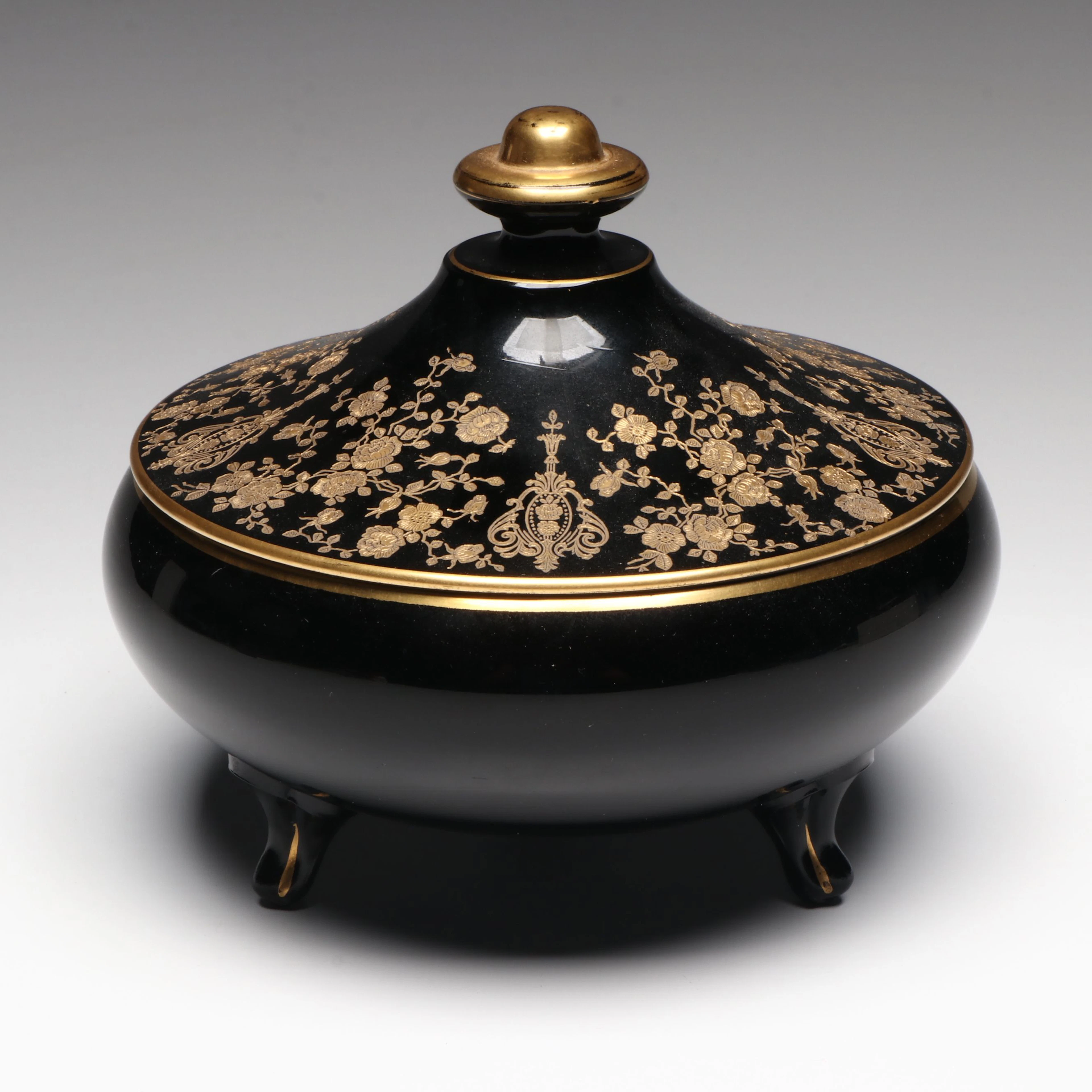 Cambridge "Rose Point" Black Gold Encrusted Glass Candy Dish, 1936–1939