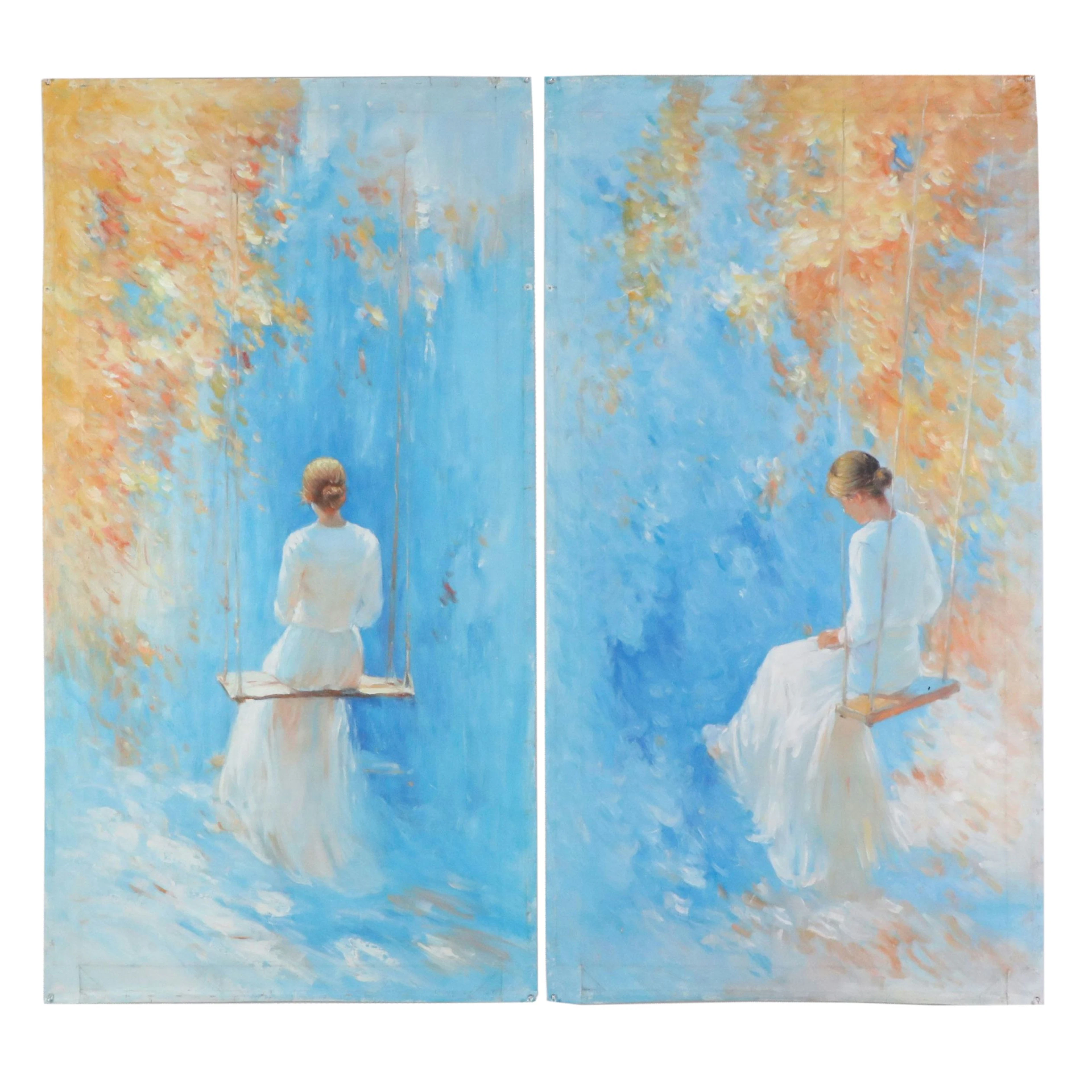 N. Ming Oil Diptych of Woman on Swing "Daydreaming," 21st Century