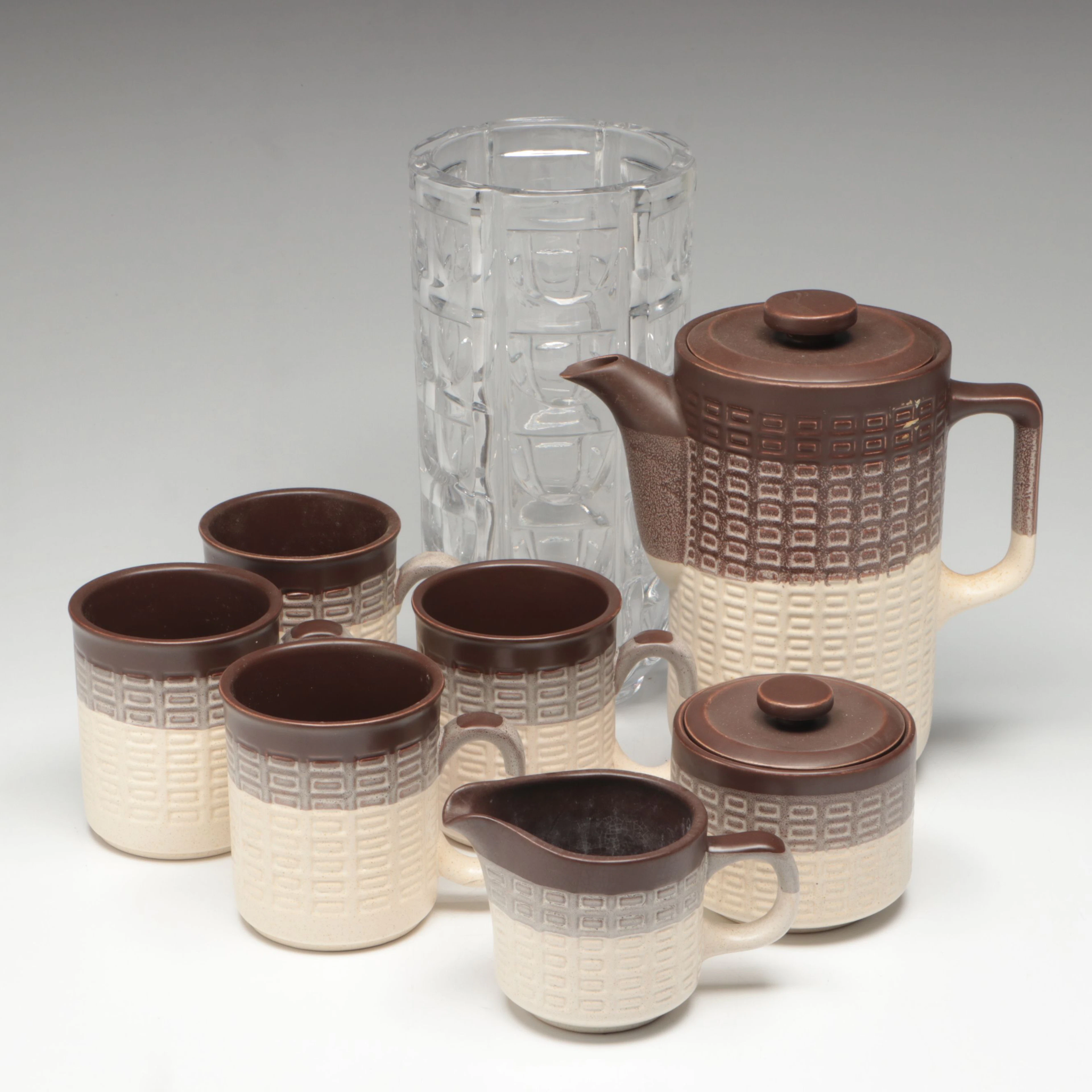 Japanese Stoneware Coffee Set and Mugs with Crystal Vase
