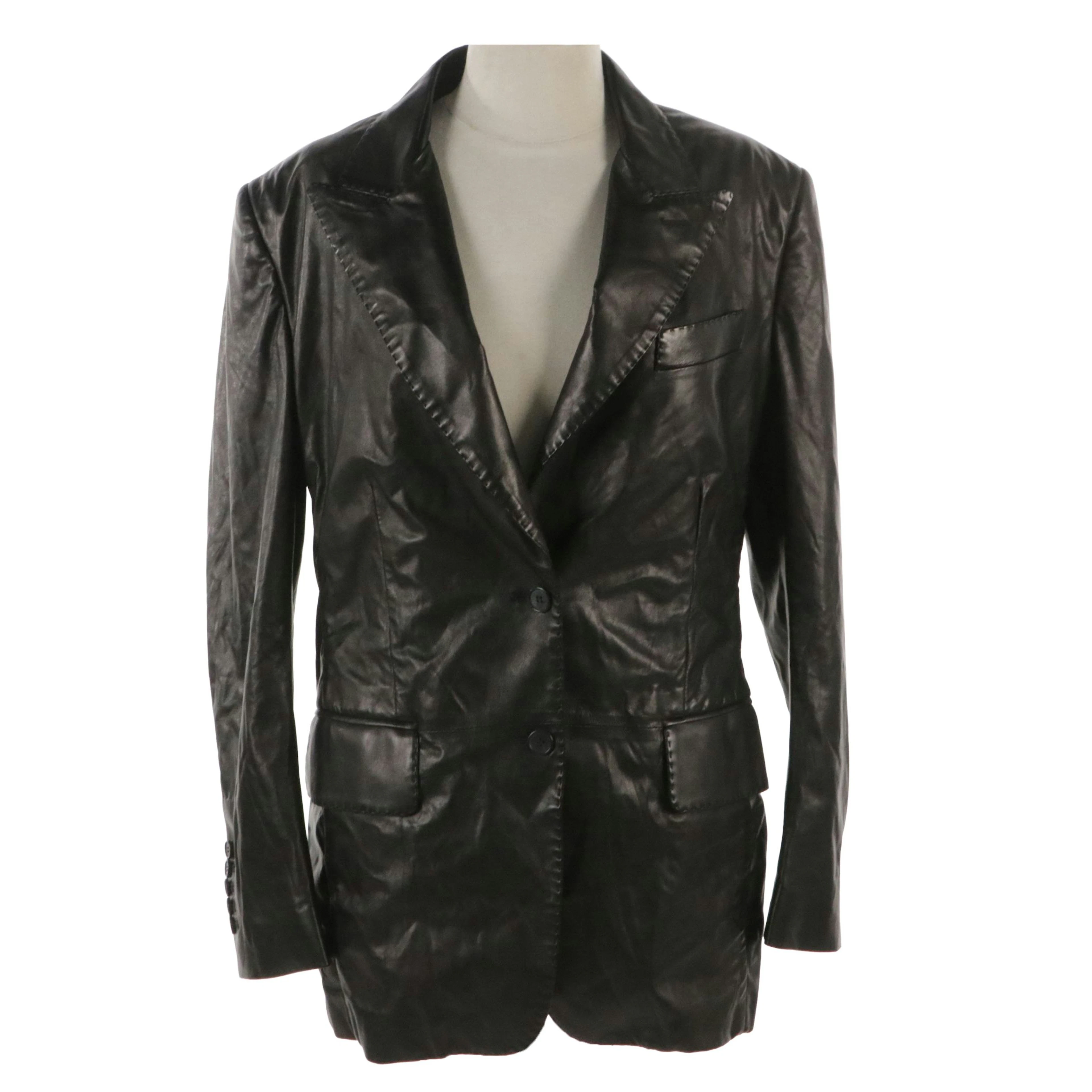 Tom Ford Black Lambskin Leather Two-Button Blazer with Running Stitch Detail