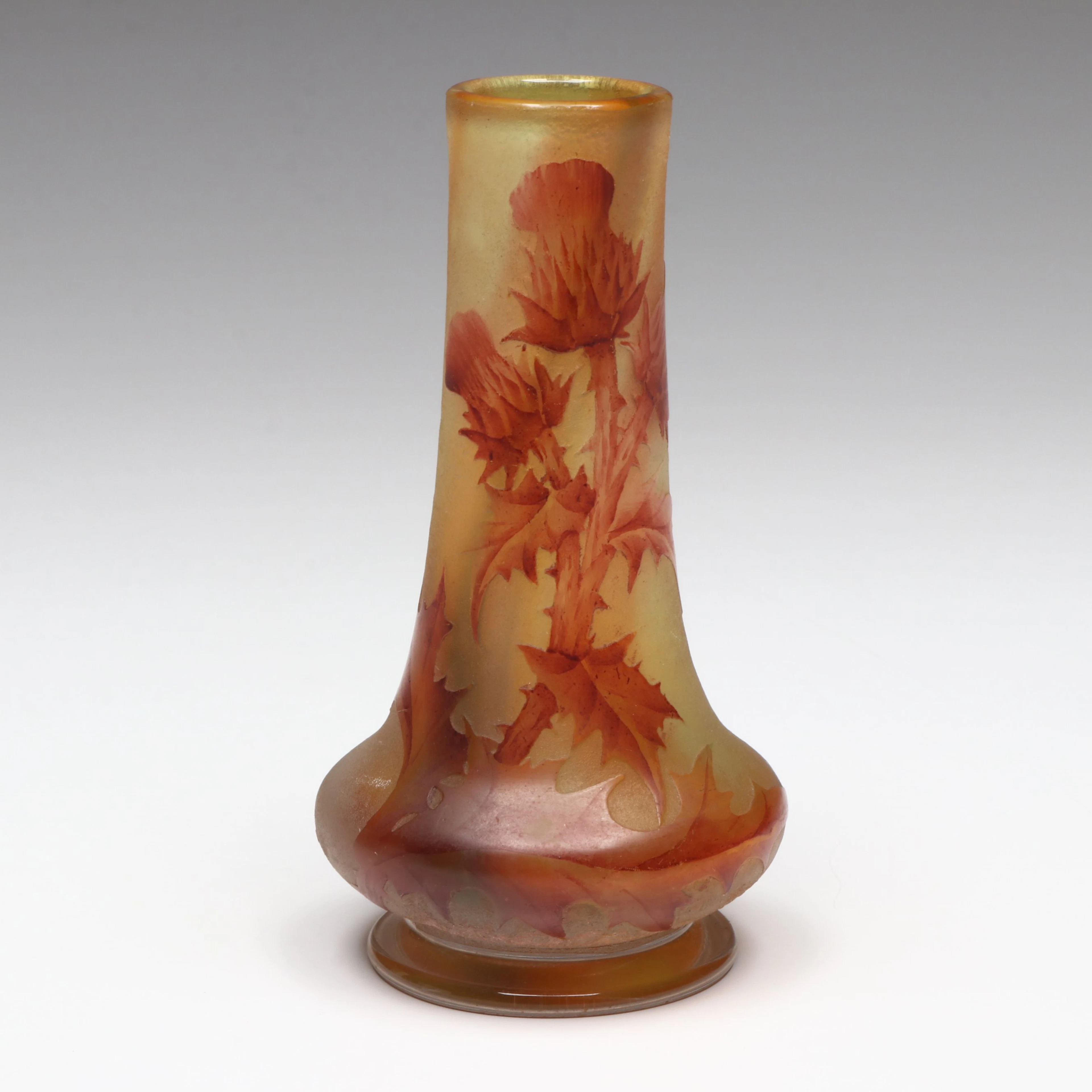 Daum "Thistle" Enameled Cameo Glass Bud Vase, Late 19th/Early 20th C.