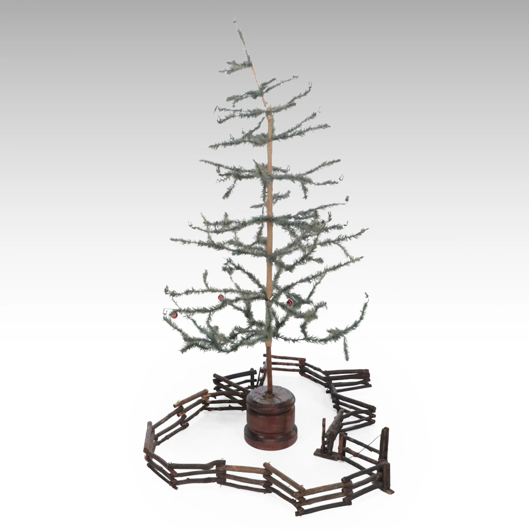 Victorian Christmas Feather Tree with Wooden Miniature Fence
