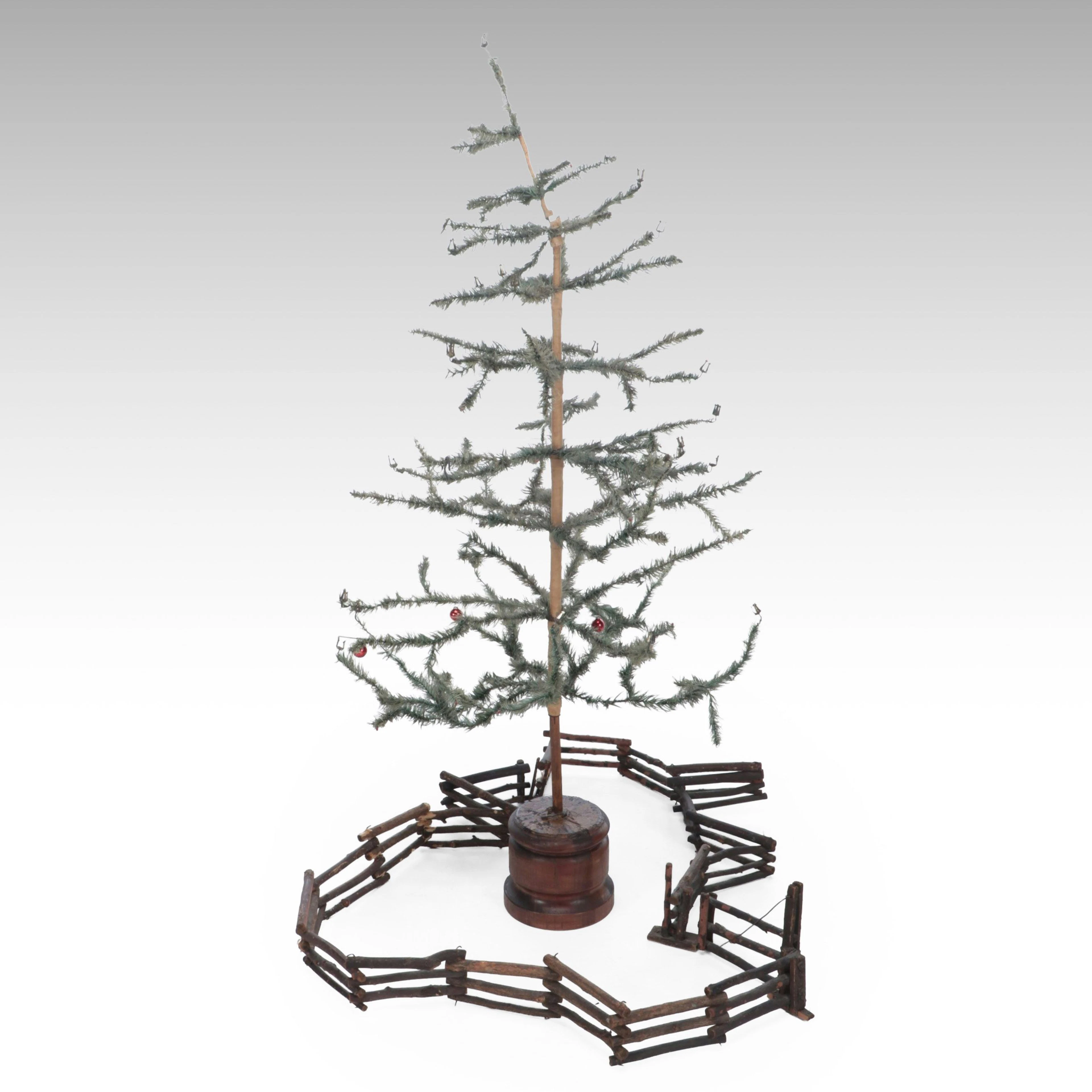 Victorian Christmas Feather Tree with Wooden Miniature Fence
