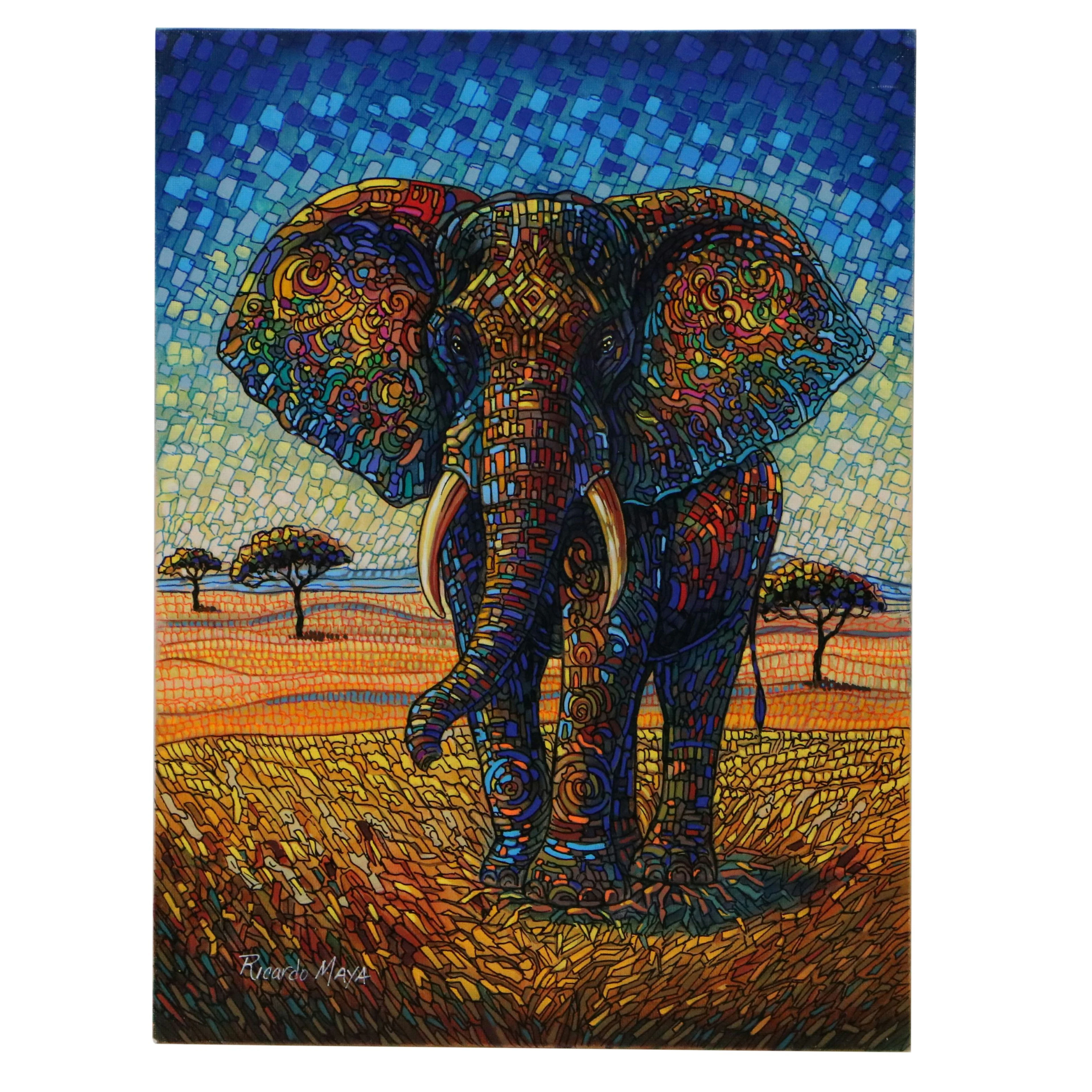 Ricardo Maya Stylized Acrylic Painting of Elephant, 2026