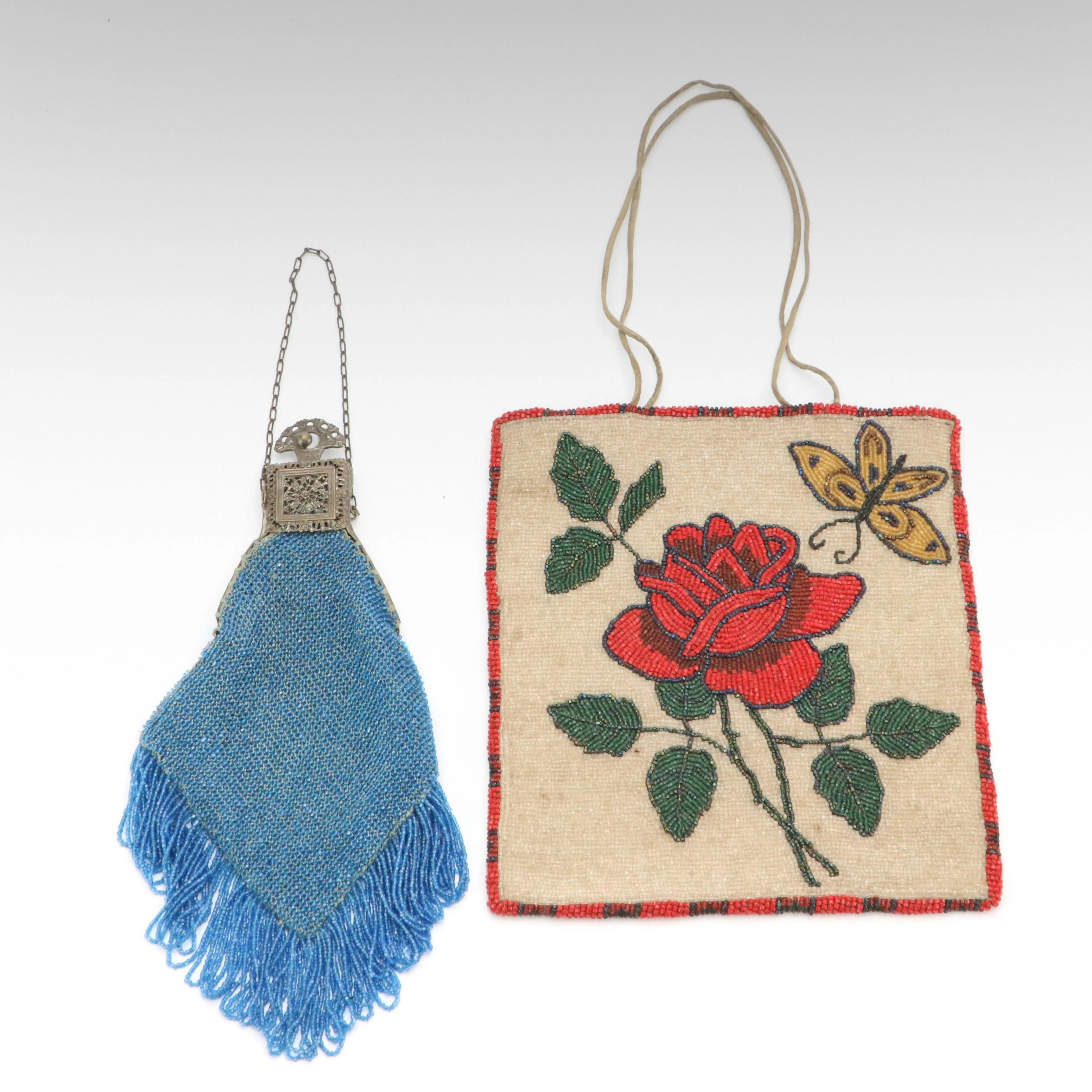 Glass Bead Loop Fringe Filigree Frame Evening Bag and Beaded Pouch, Vintage