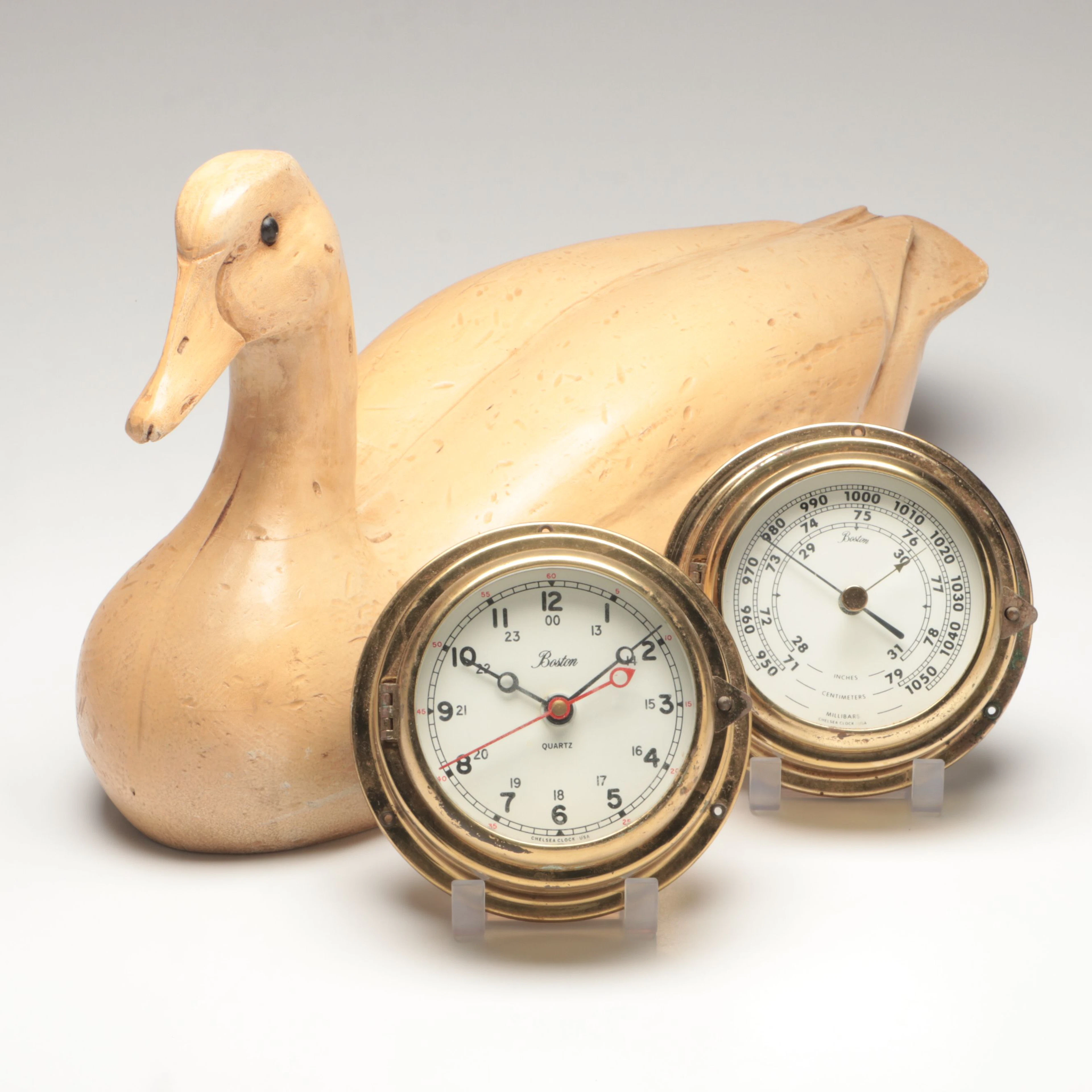 Chelsea "Boston" Brass Nautical Clock and Barometer with Duck Decoy, Vintage