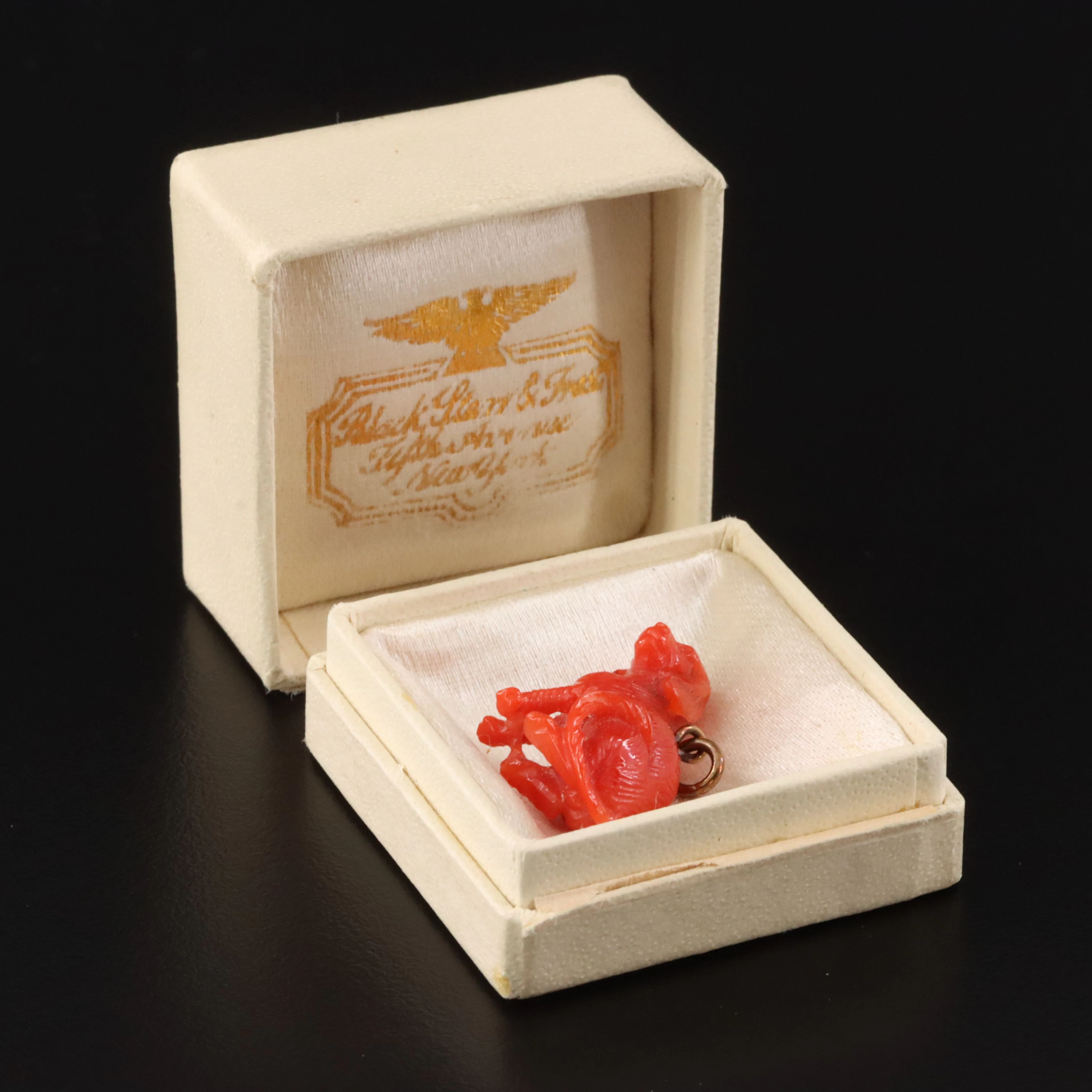 Antique 14K Carved Coral Dog Charm with Black, Starr & Frost Box