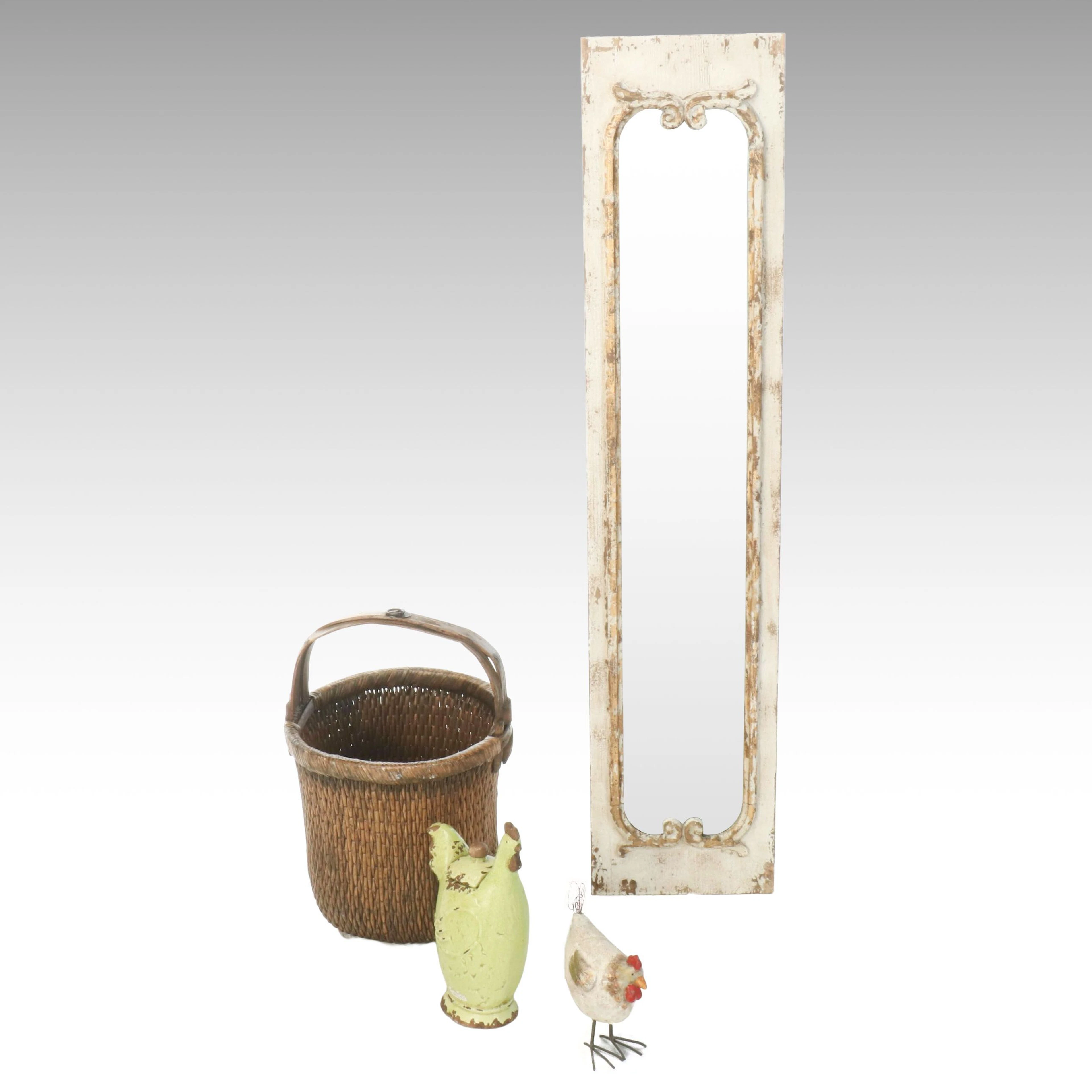 Distressed White Wall Mirror with Baskets and More Farmhouse Décor