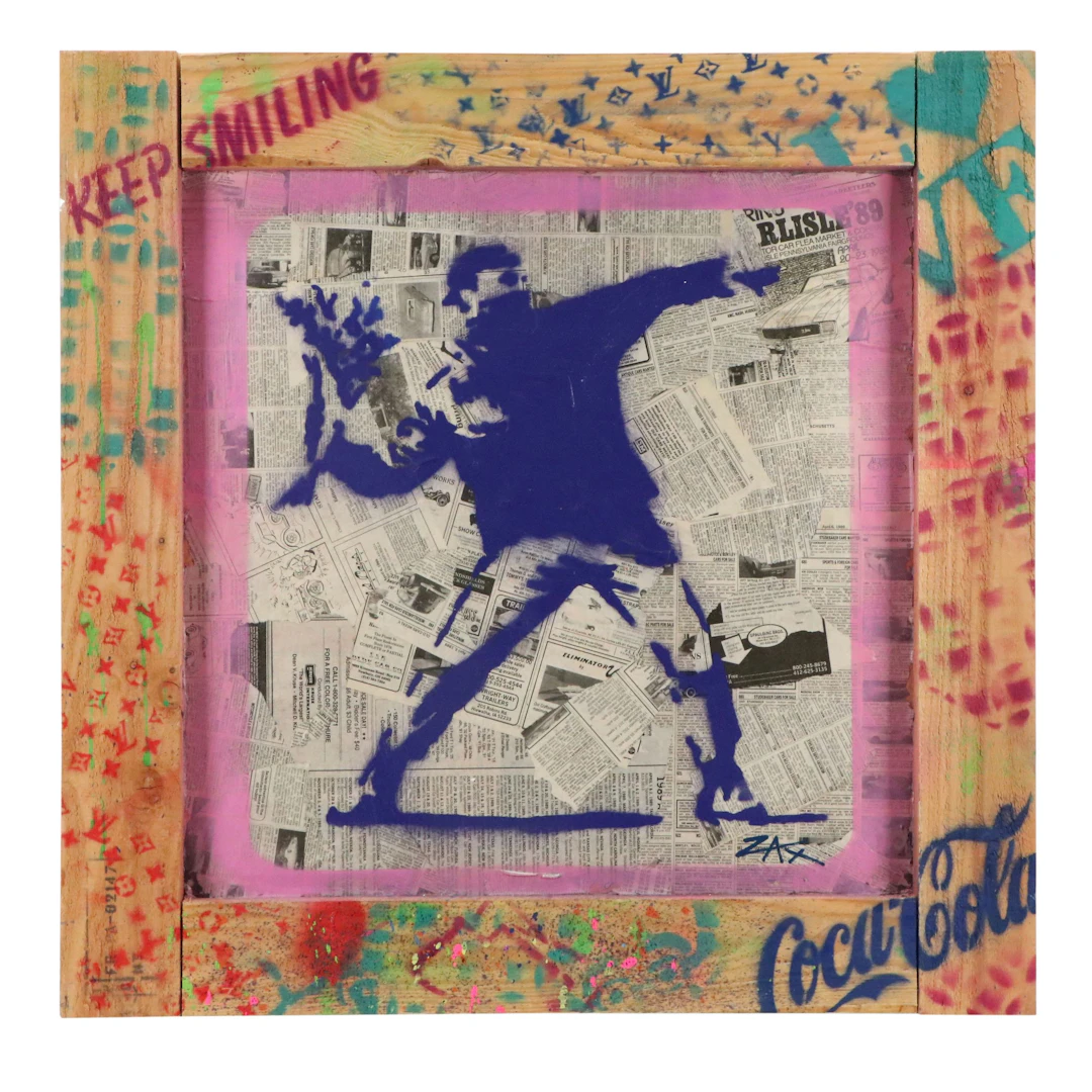 E. M. Zax Street Art Style Painted Collage After Banksy "Flower Thrower," 2025