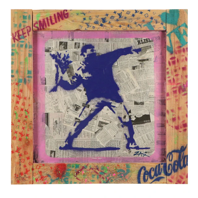 E. M. Zax Street Art Style Painted Collage After Banksy "Flower Thrower," 2025