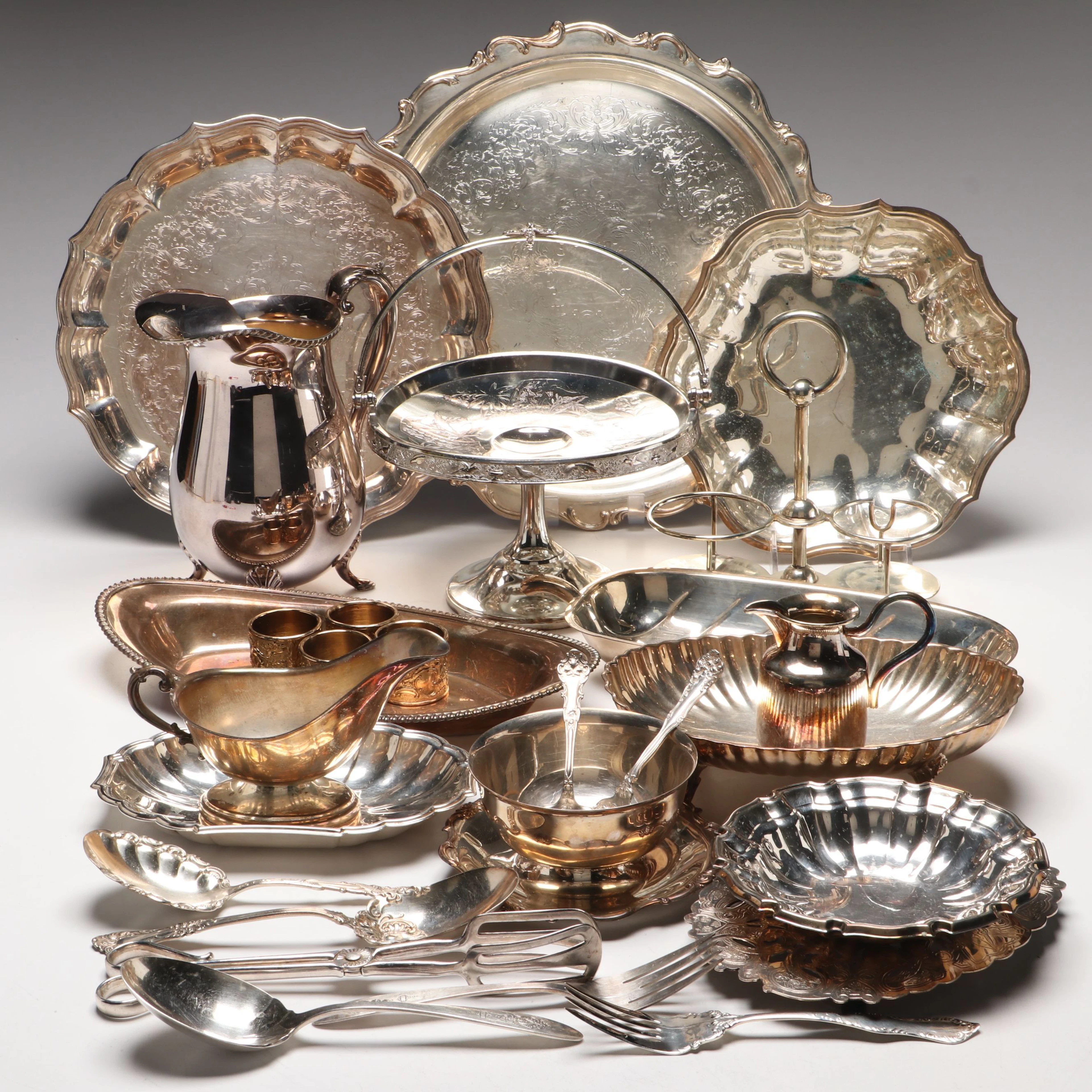 Silver Plate Pitcher, Serving Trays, Utensils, and More Tableware