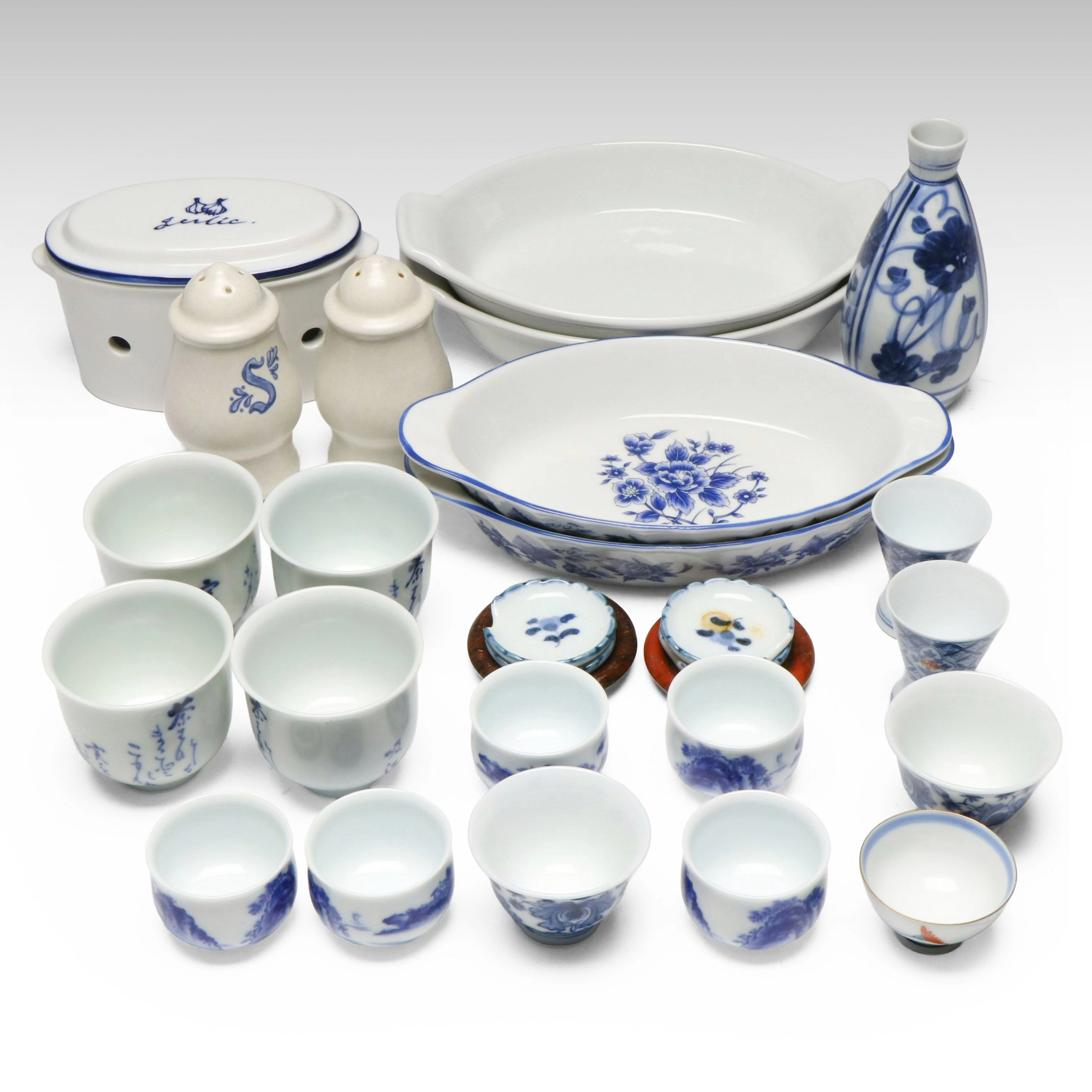 Japanese Porcelain Sake Bottle and Cups with More Blue and White Tableware