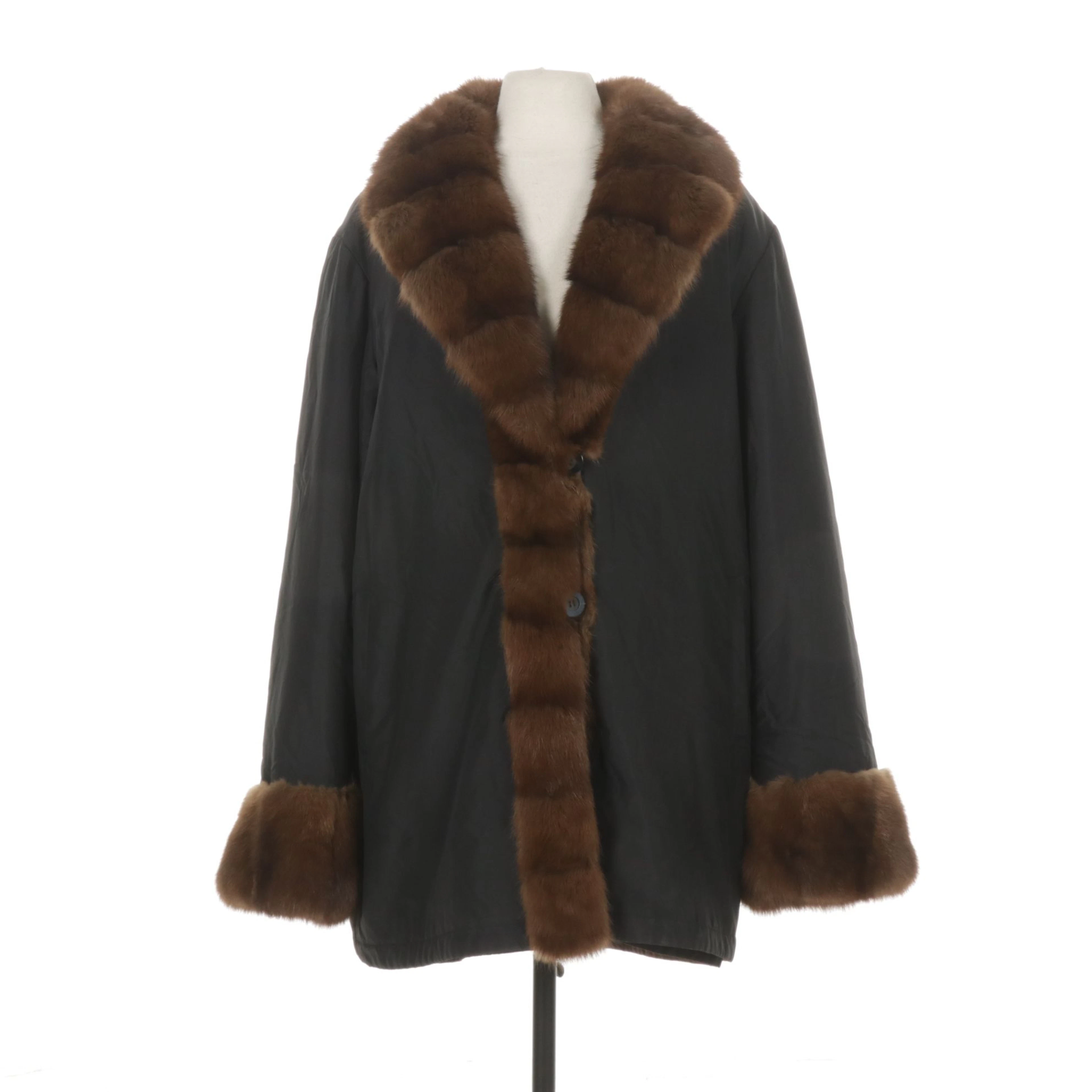 Russian Sable Fur Trimmed Reversible Storm Coat in Black/Brown