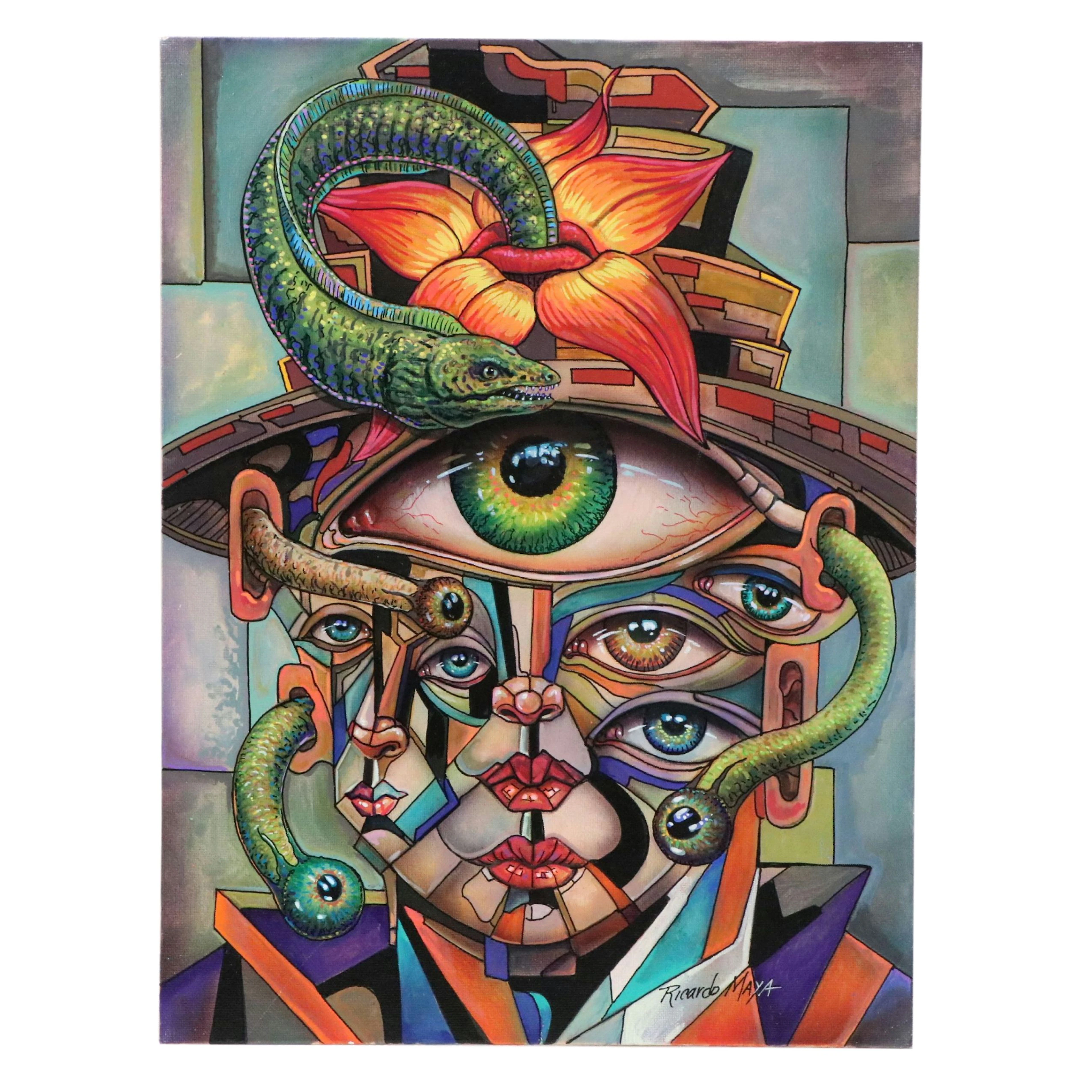 Ricardo Maya Acrylic Painting of Surrealist Face with Eel